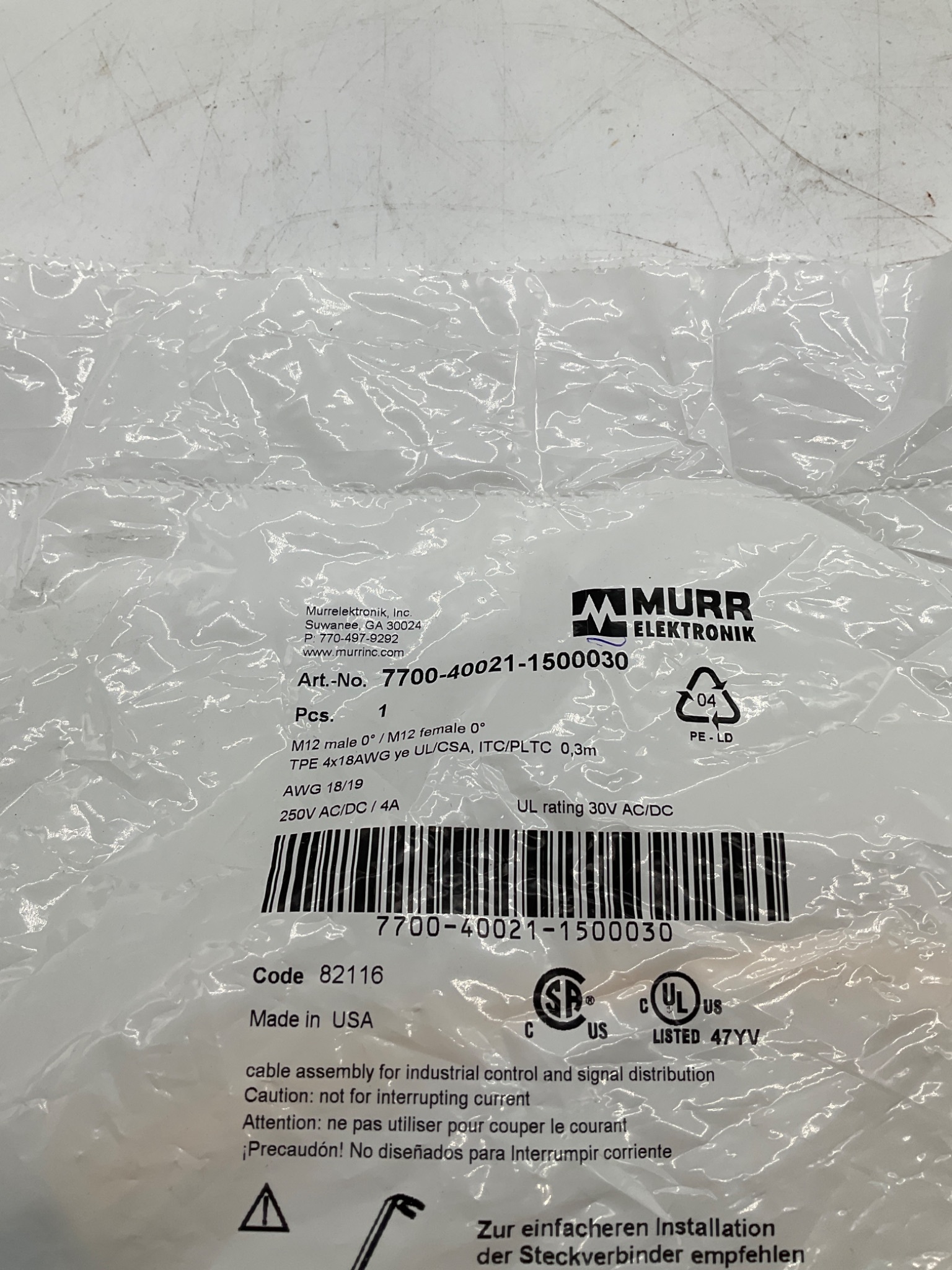 MURR ELEKTRONIK 7700-40021-1500030 M12 A-Coded Male/Female Cordset 0.3M NEW 1