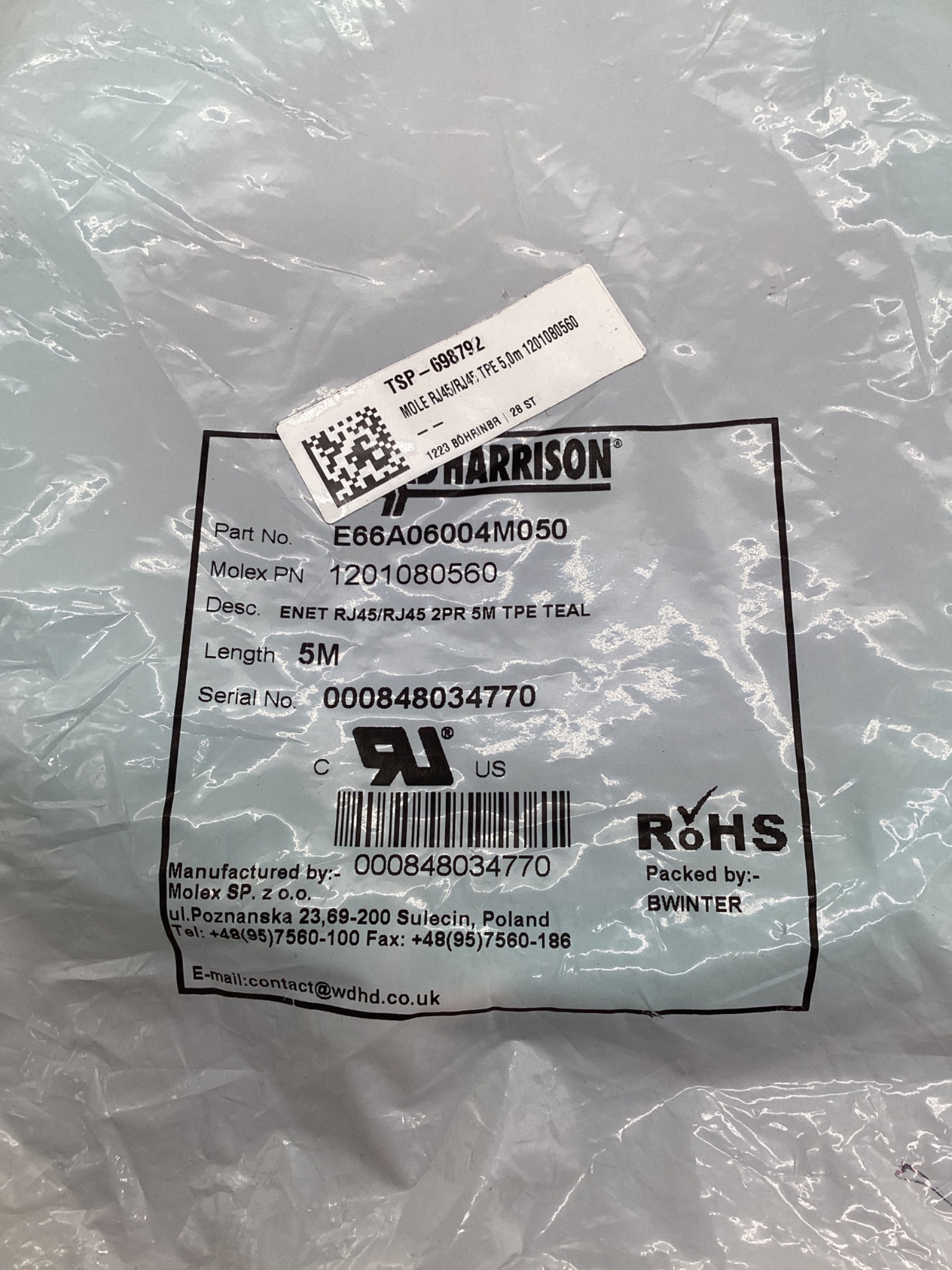 BRAD HARRISON E66A06004M050 Industrial Ethernet RJ45 Cordset 5M NEW 1