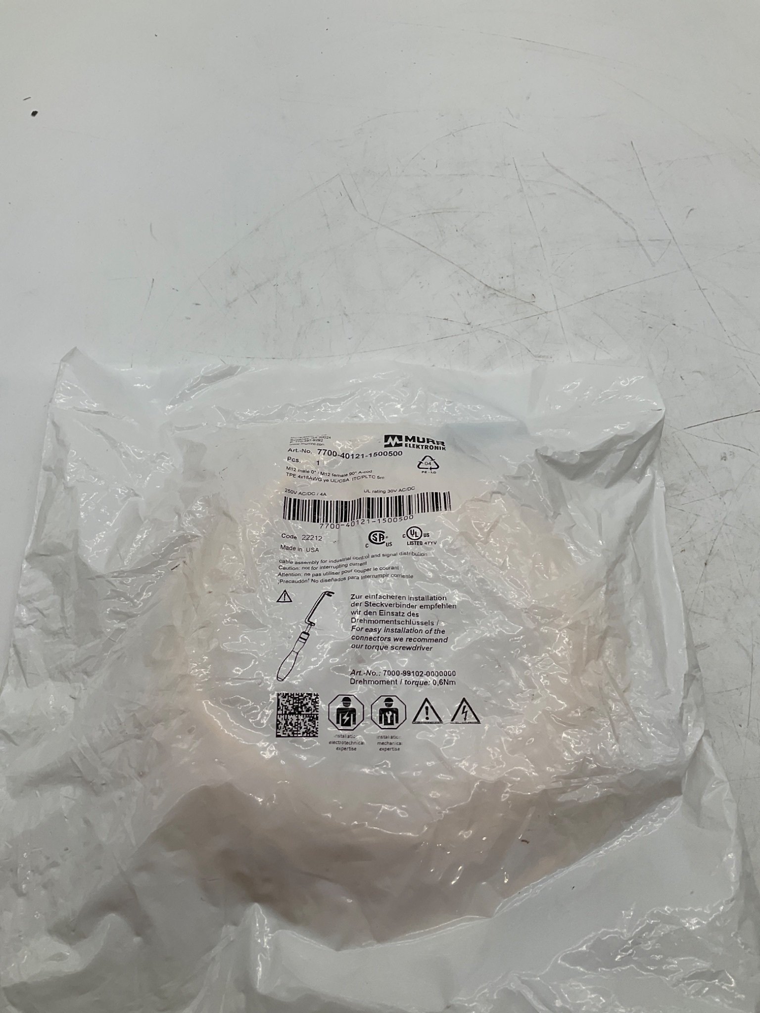 MURR ELEKTRONIK 7700-40121-1500500 M12 A-Coded Male to Female 90° Cordset 5M NEW 0
