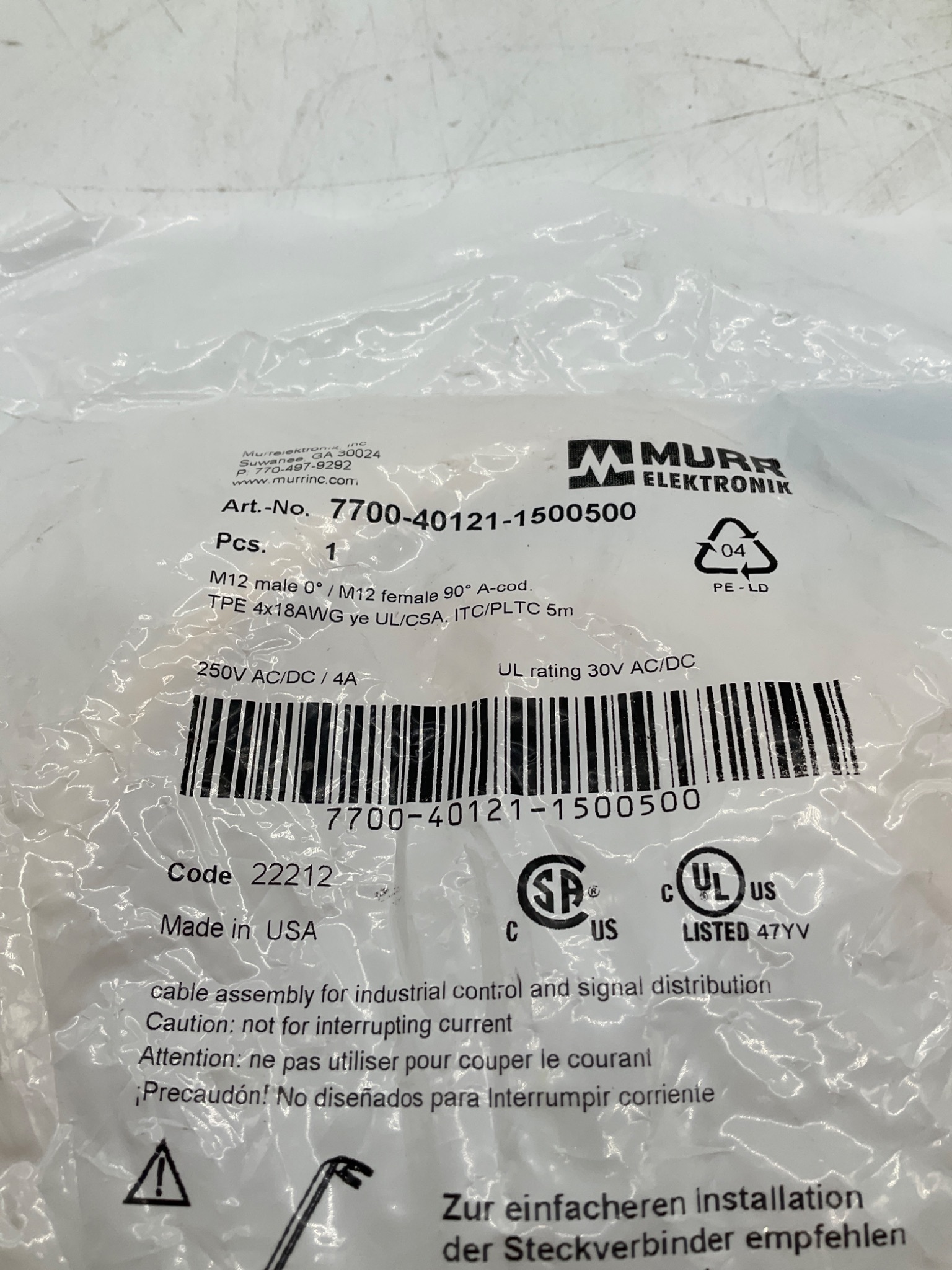 MURR ELEKTRONIK 7700-40121-1500500 M12 A-Coded Male to Female 90° Cordset 5M NEW 1