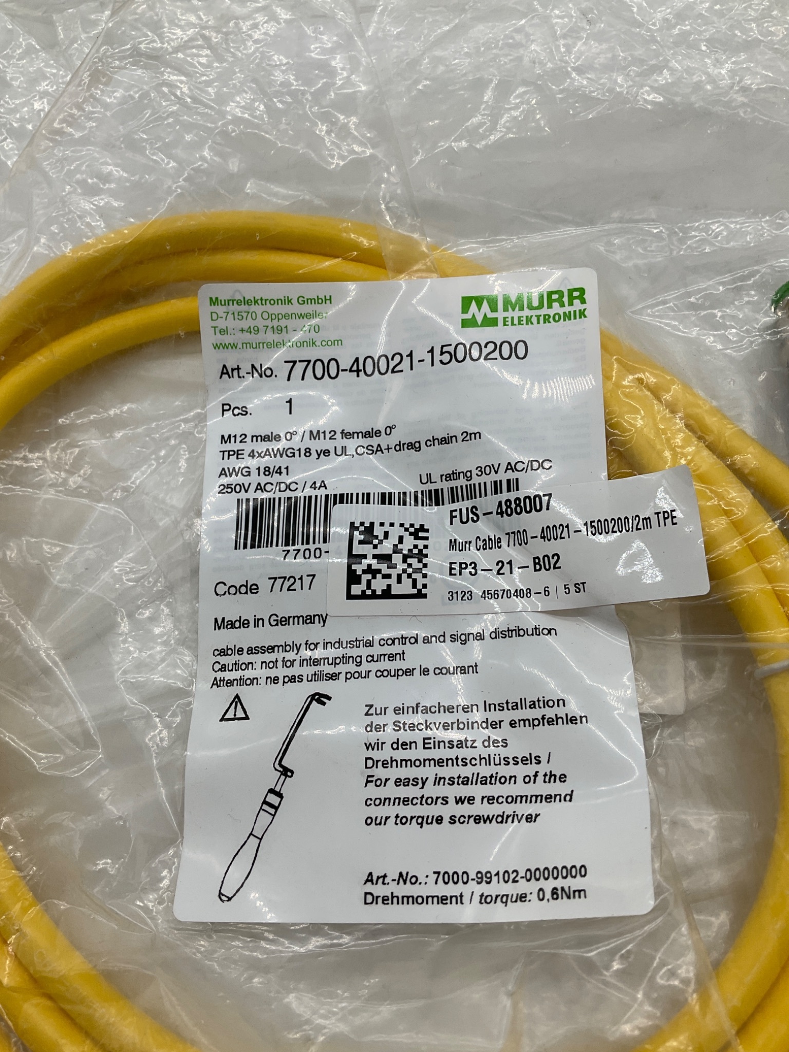 MURR ELEKTRONIK 7700-40021-1500200 M12 A-Coded Sensor/Actuator Cordset 2M NEW 0