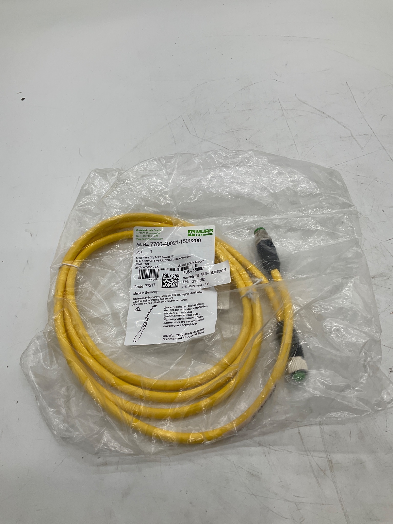 MURR ELEKTRONIK 7700-40021-1500200 M12 A-Coded Sensor/Actuator Cordset 2M NEW 1