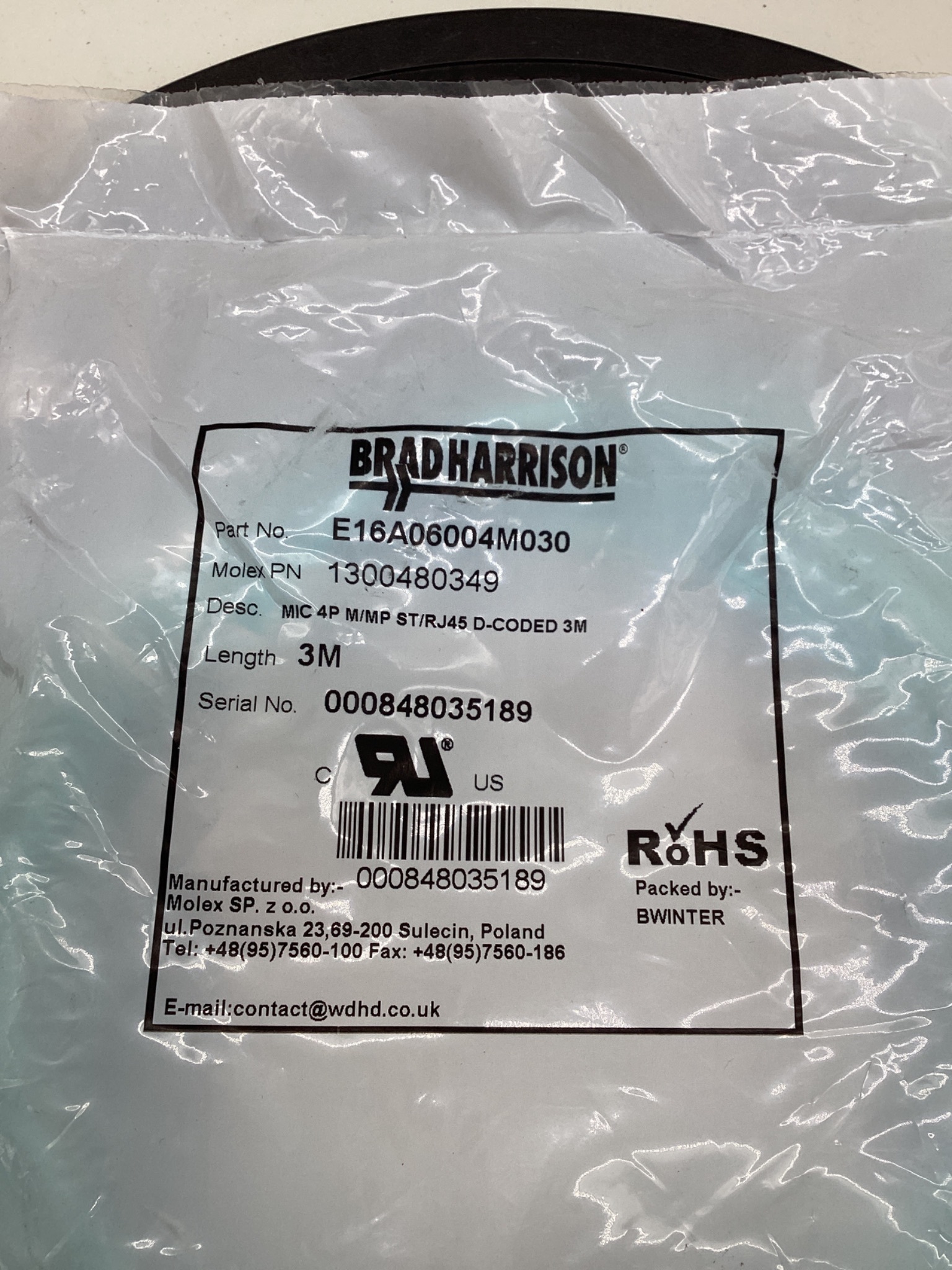 BRAD HARRISON E16A06004M030 Micro-Change D-Coded M12 to RJ45 Ethernet Cordset 3M NEW 1