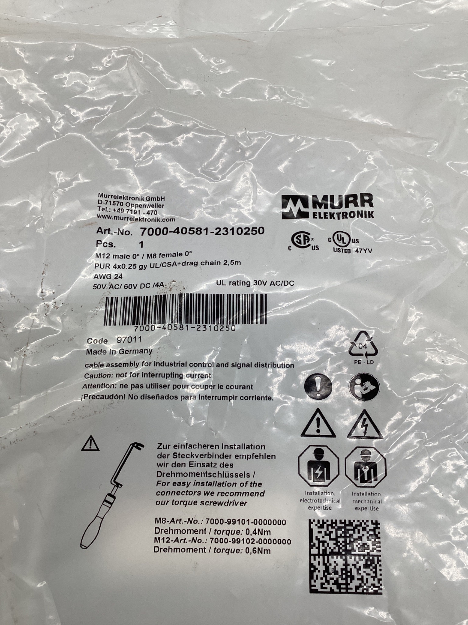 MURR ELEKTRONIK 7000-40581-2310250 M12 Male to M8 Female Cordset 2.5M NEW 1