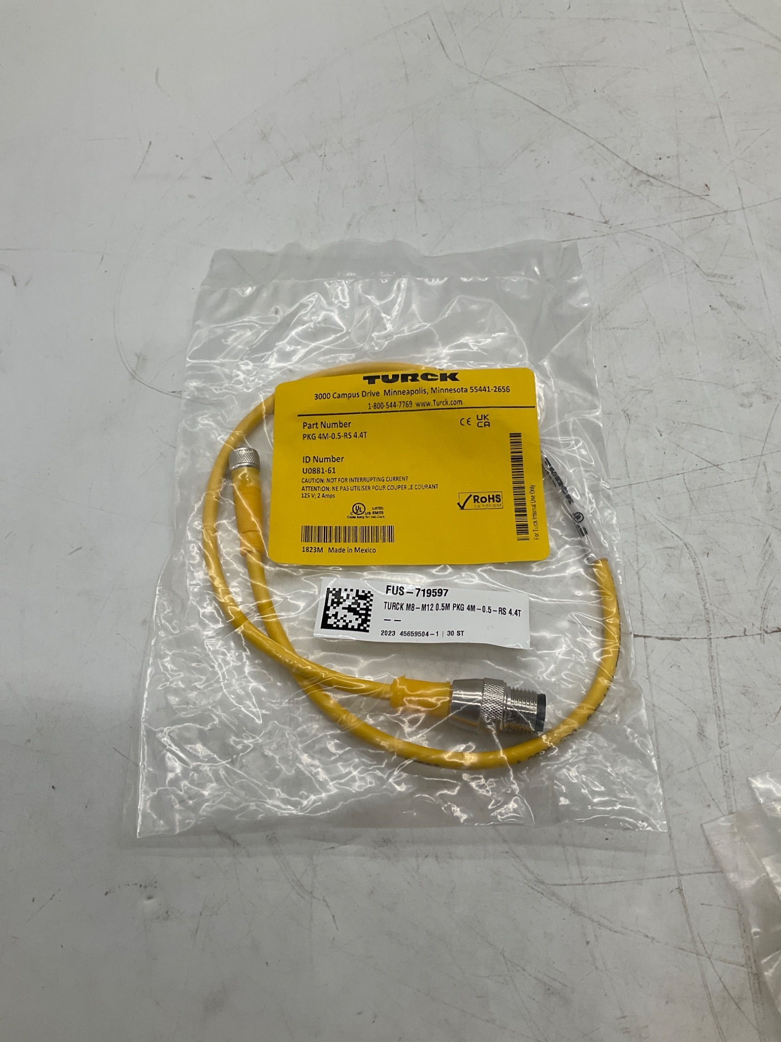 TURCK PKG 4M-0.5-RS 4.4T M8 Male to M12 Female Cordset 0.5M NEW 0