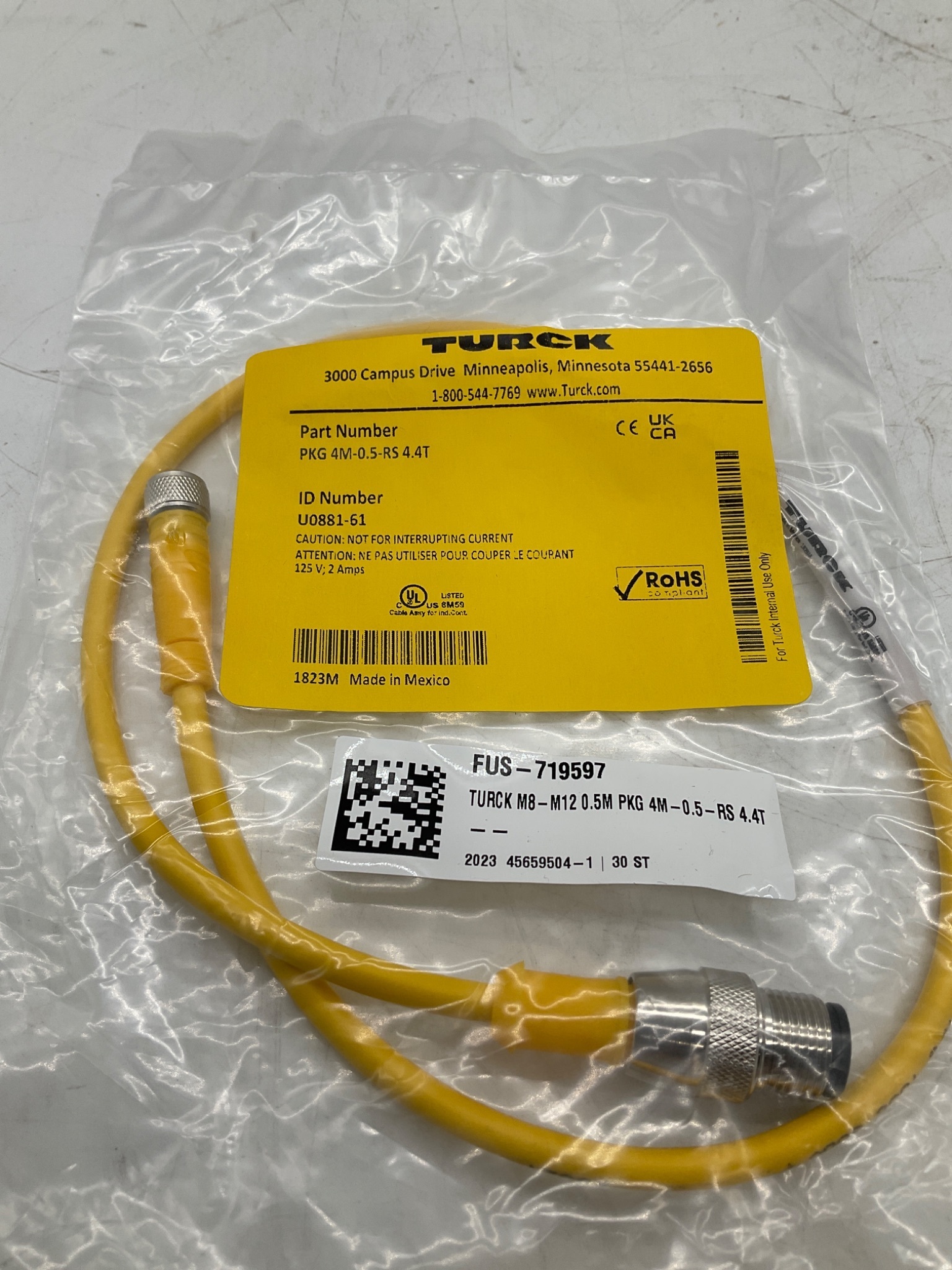 TURCK PKG 4M-0.5-RS 4.4T M8 Male to M12 Female Cordset 0.5M NEW 1