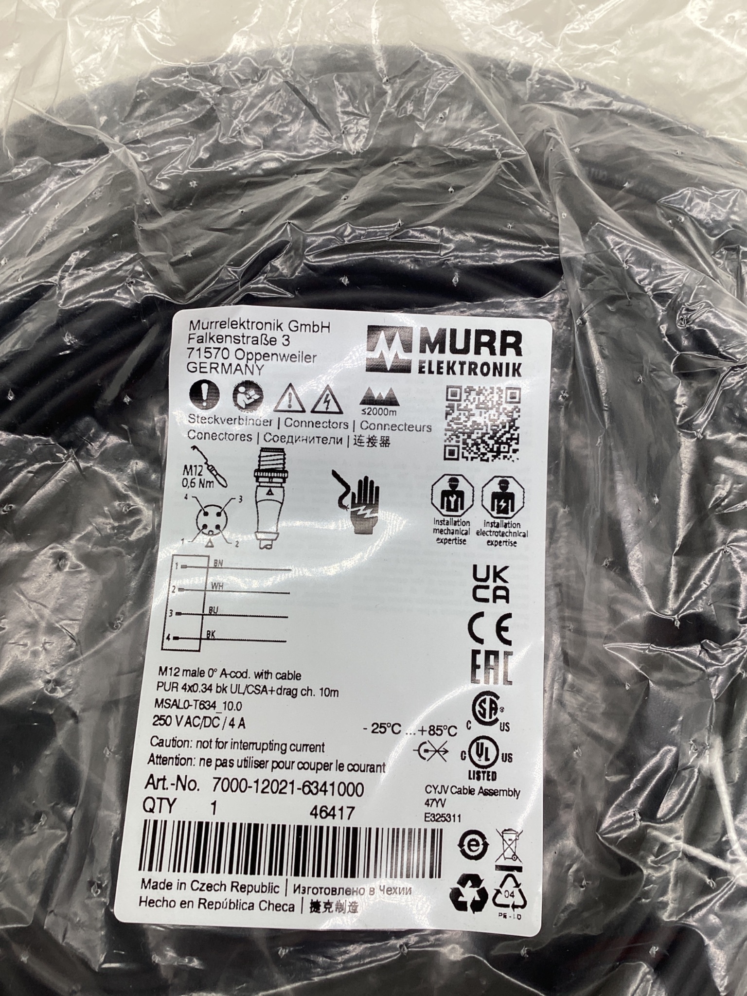 MURR ELEKTRONIK 7000-12021-6341000 M12 A-Coded Male Cordset 10M NEW 1
