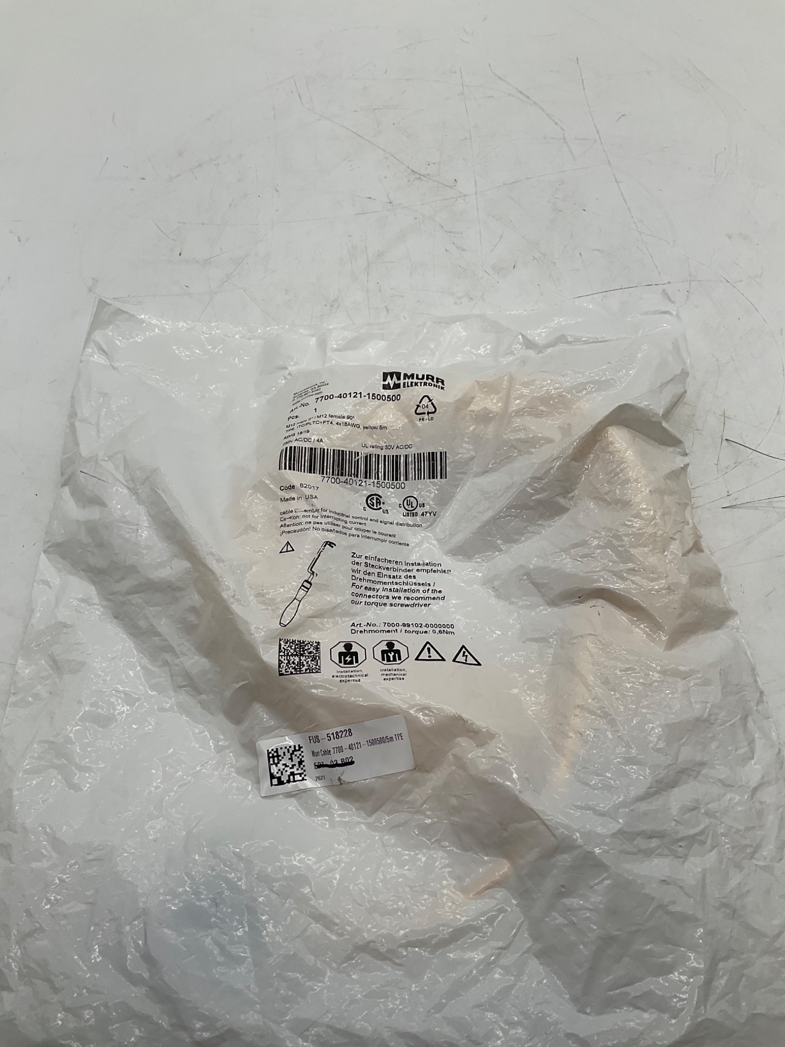MURR ELEKTRONIK 7700-40121-1500500 M12 A-Coded Male to Female 90° Cordset 5M NEW 0