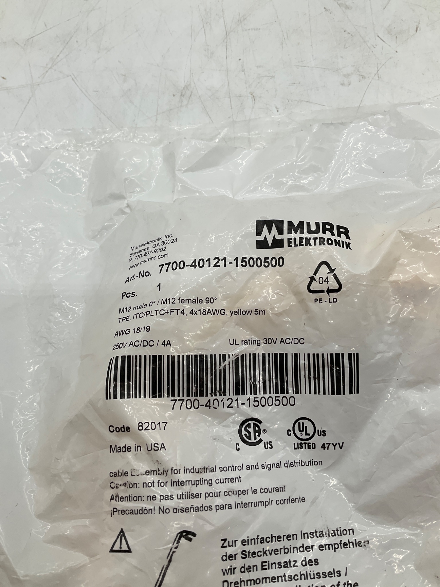 MURR ELEKTRONIK 7700-40121-1500500 M12 A-Coded Male to Female 90° Cordset 5M NEW 1