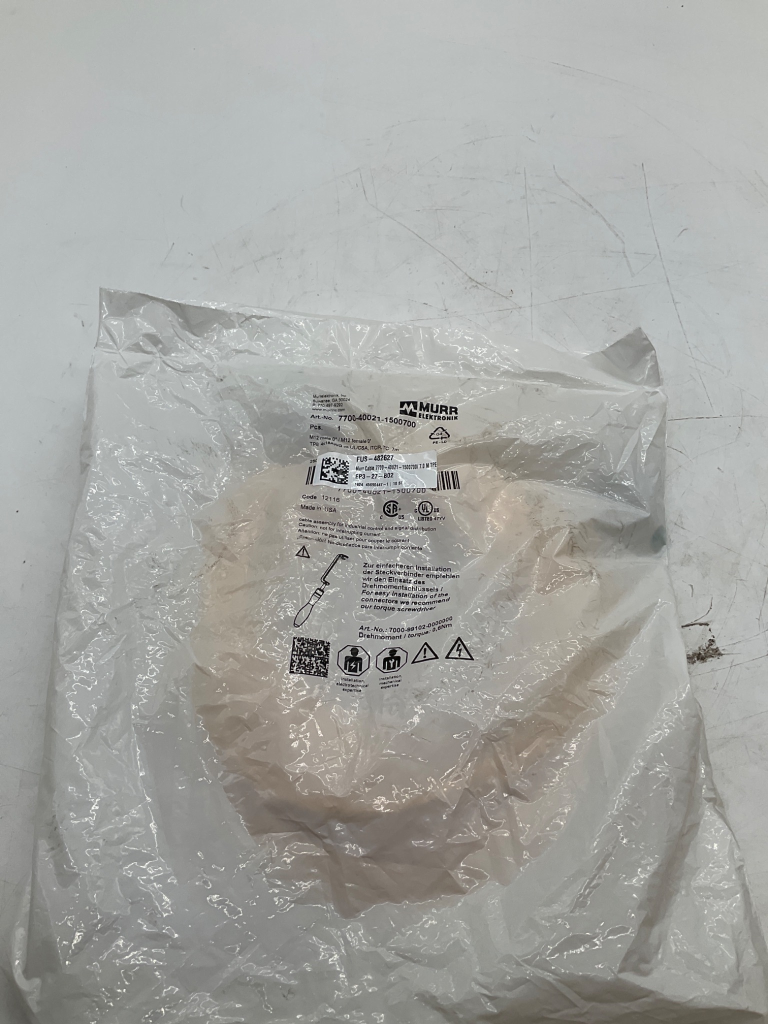 MURR ELEKTRONIK 7700-40021-1500700 M12 A-Coded Male/Female Cordset 7M NEW 0