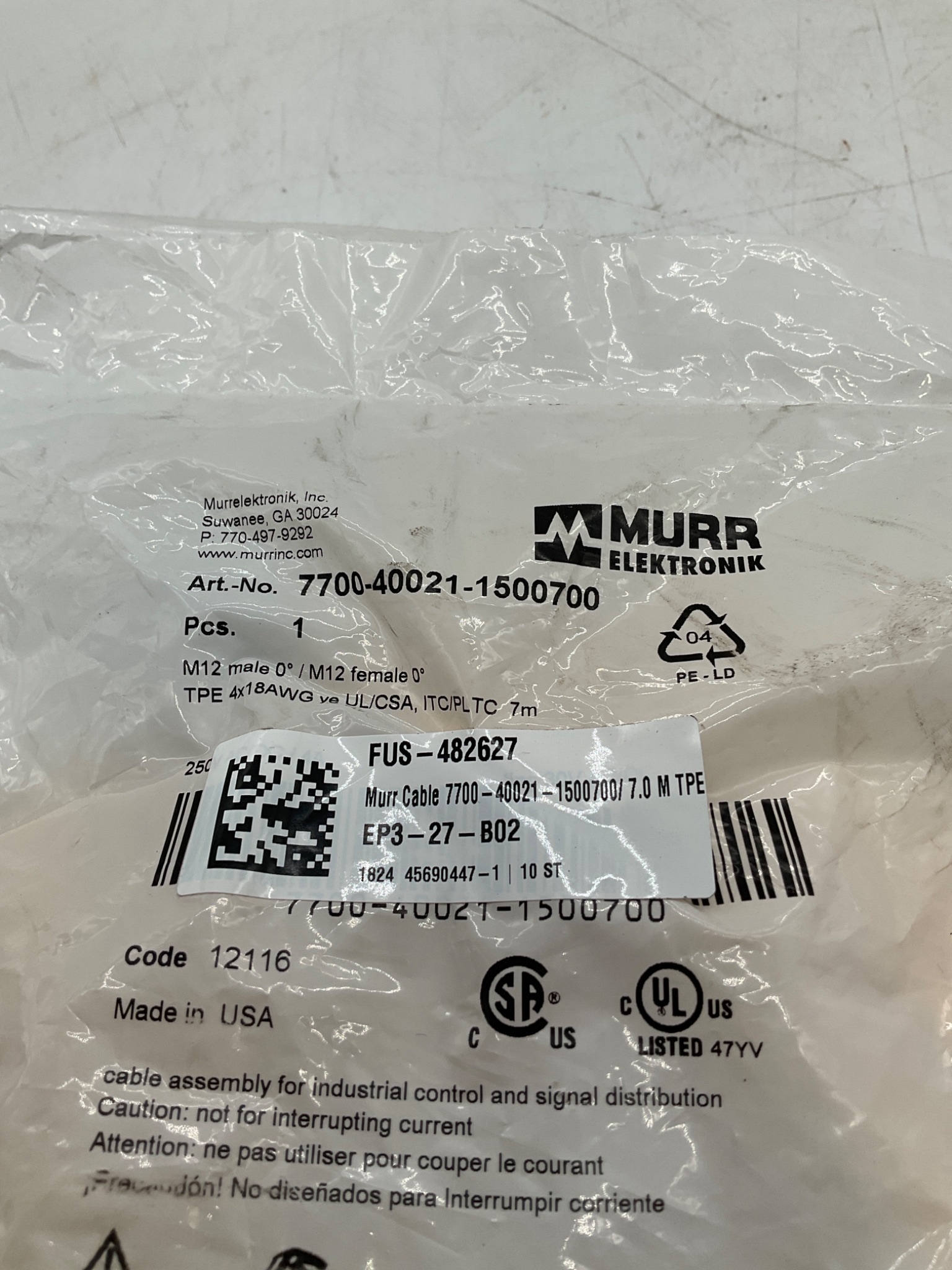 MURR ELEKTRONIK 7700-40021-1500700 M12 A-Coded Male/Female Cordset 7M NEW 1