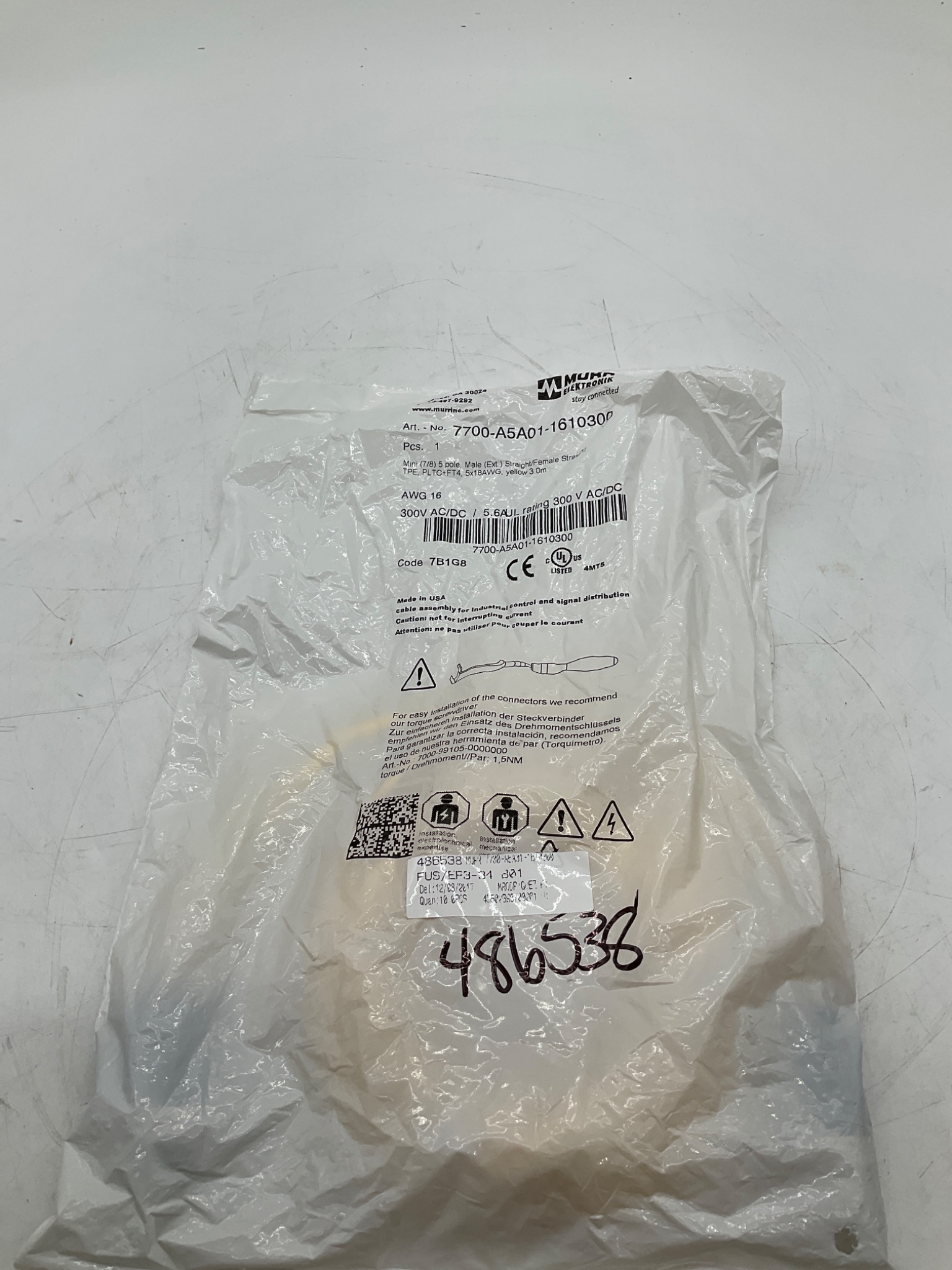 MURR ELEKTRONIK 7700-A5A01-1610300 Mini (7/8) 5-Pole Male/Female Cordset 3M NEW 0