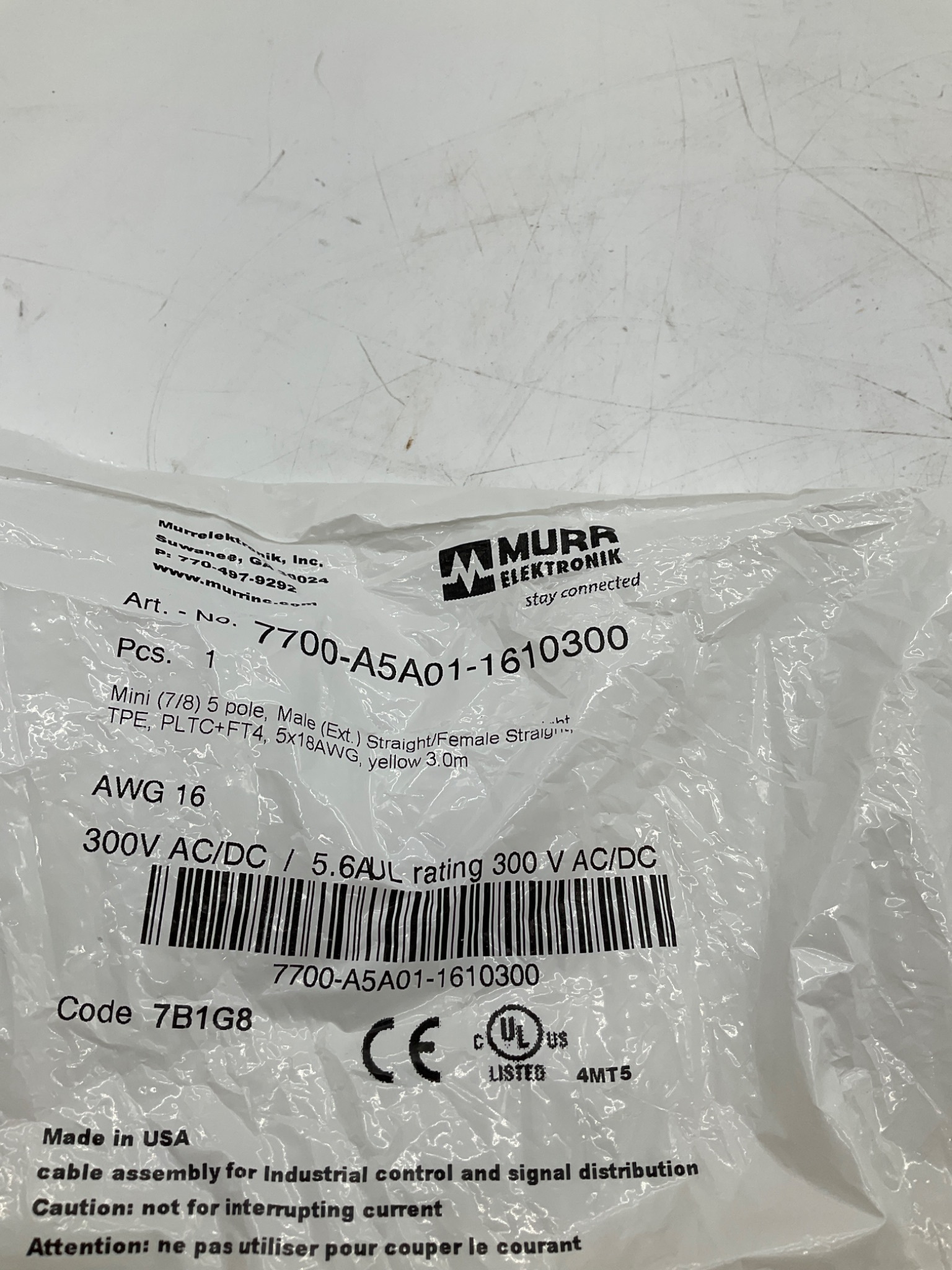MURR ELEKTRONIK 7700-A5A01-1610300 Mini (7/8) 5-Pole Male/Female Cordset 3M NEW 2