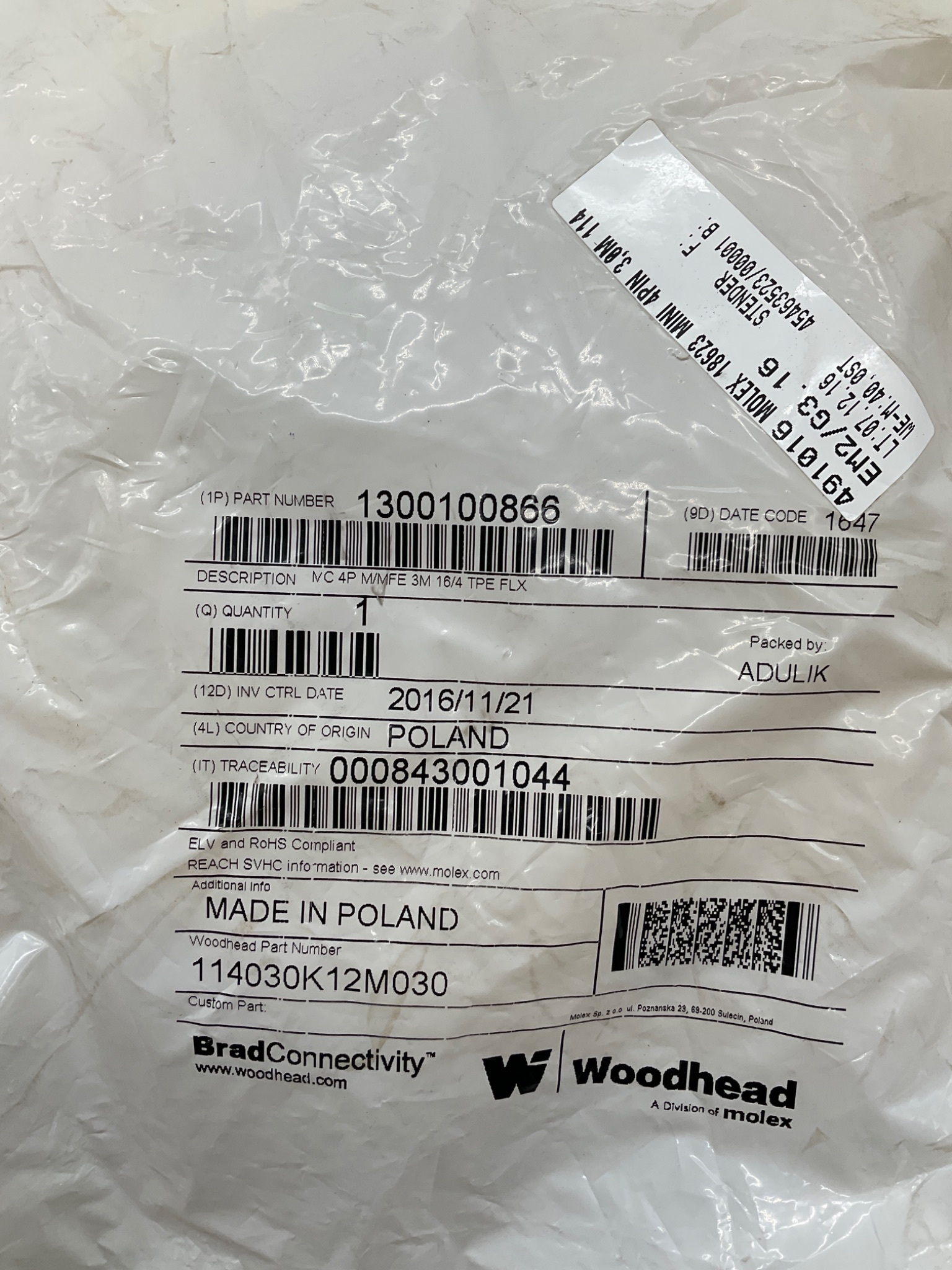 Brad Connectivity 1300100866 Mini-Change 4 Pole Male/Female Cordset 3M NEW 1