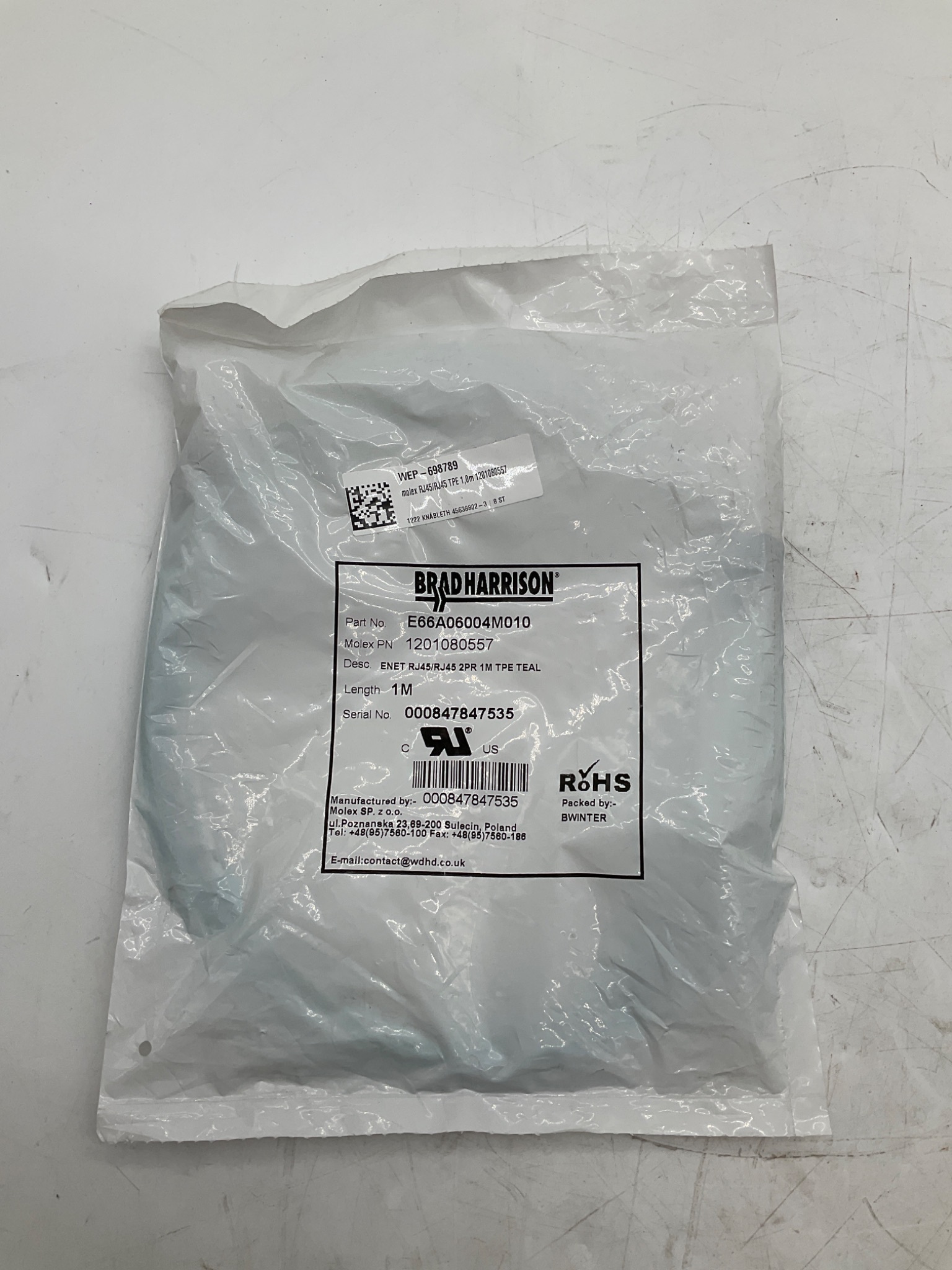 Brad Harrison E66A06004M010 RJ45 To RJ45 Ethernet Cordset 1M NEW 0