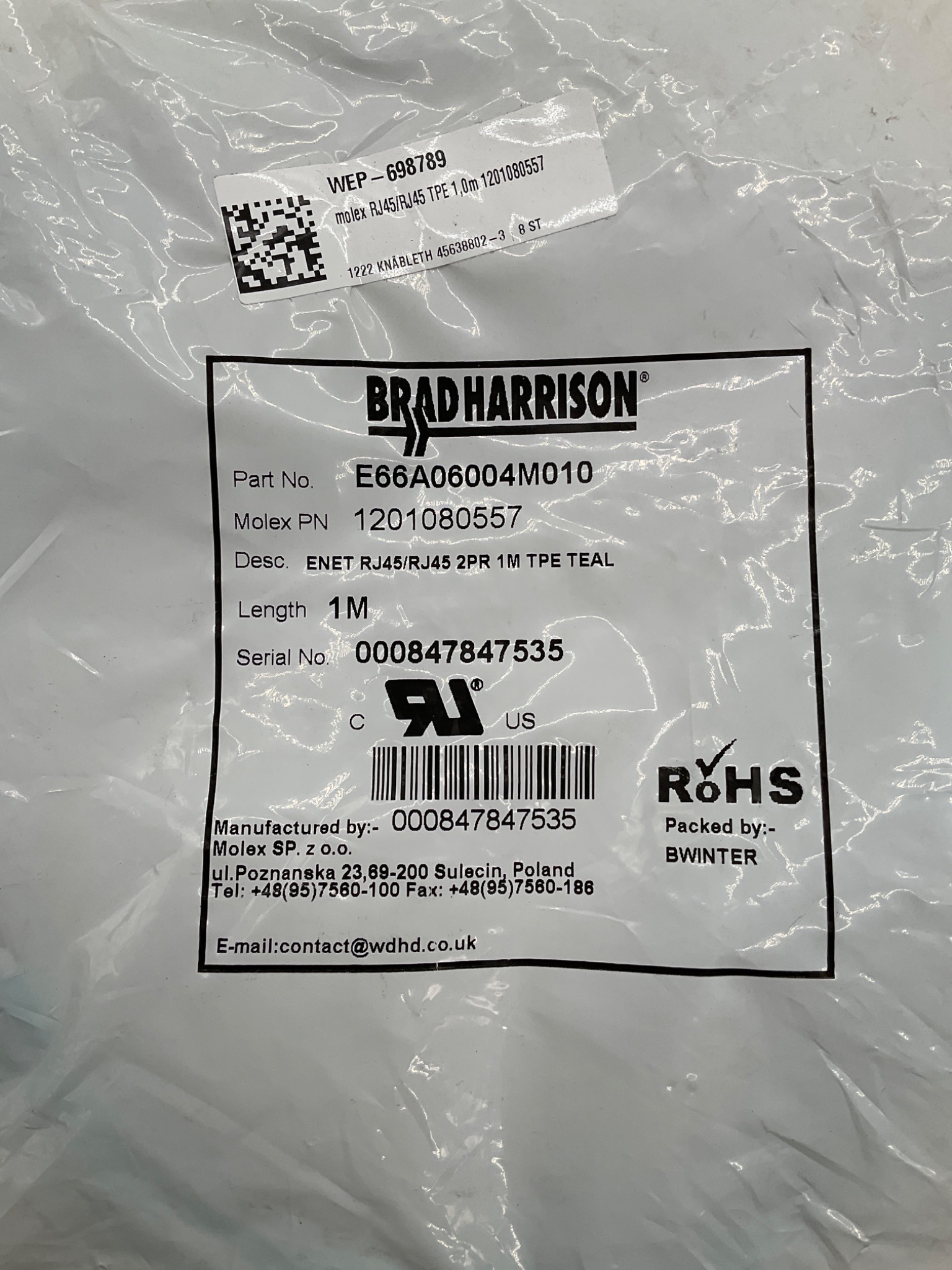Brad Harrison E66A06004M010 RJ45 To RJ45 Ethernet Cordset 1M NEW 1