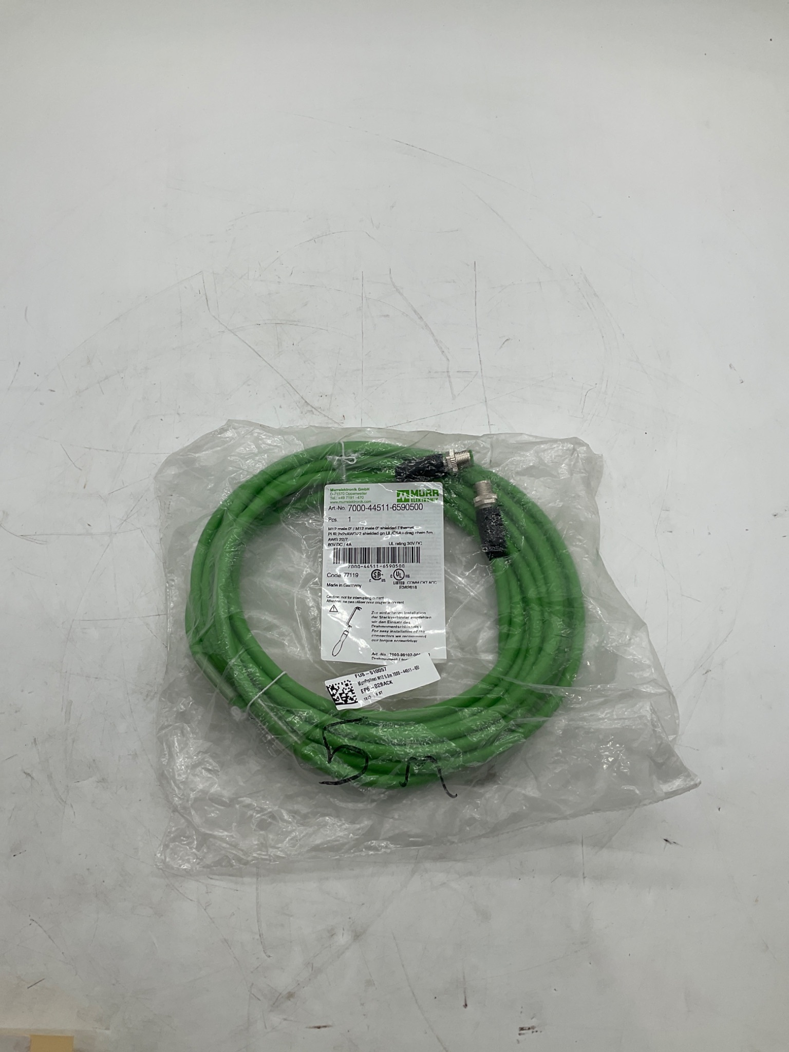 Murr Elektronik 7000-44511-6590500 M12 Male To M12 Male Shielded Ethernet Cable 5M NEW 0