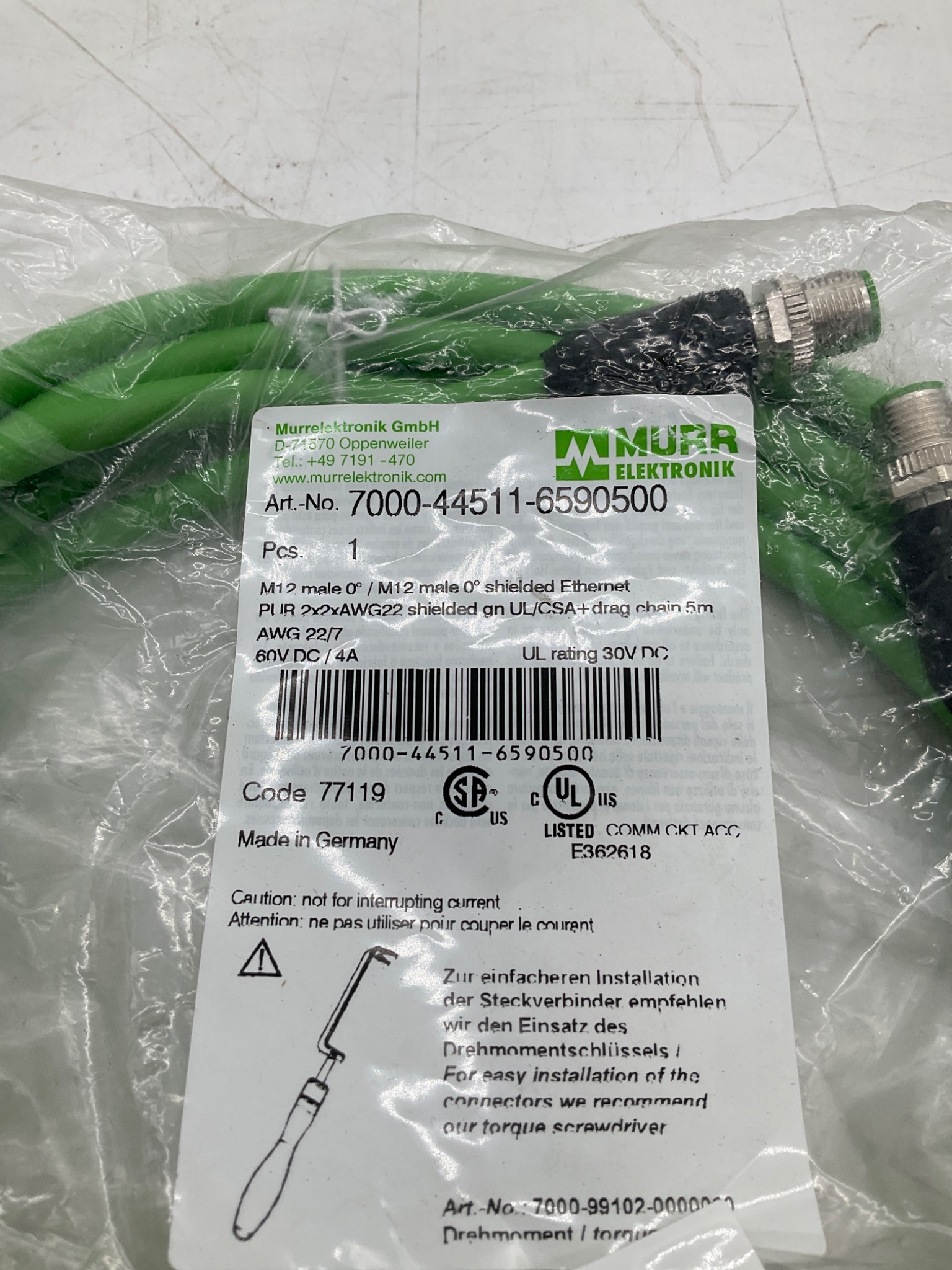 Murr Elektronik 7000-44511-6590500 M12 Male To M12 Male Shielded Ethernet Cable 5M NEW 1