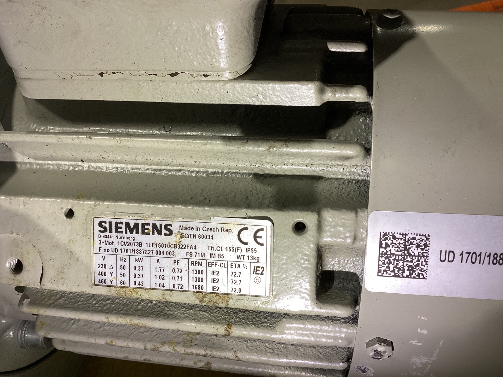 Siemens 1CV2073B / 1LE15010CB322FA4 Gearmotor With Timing Pulley 0.37kW USED 1