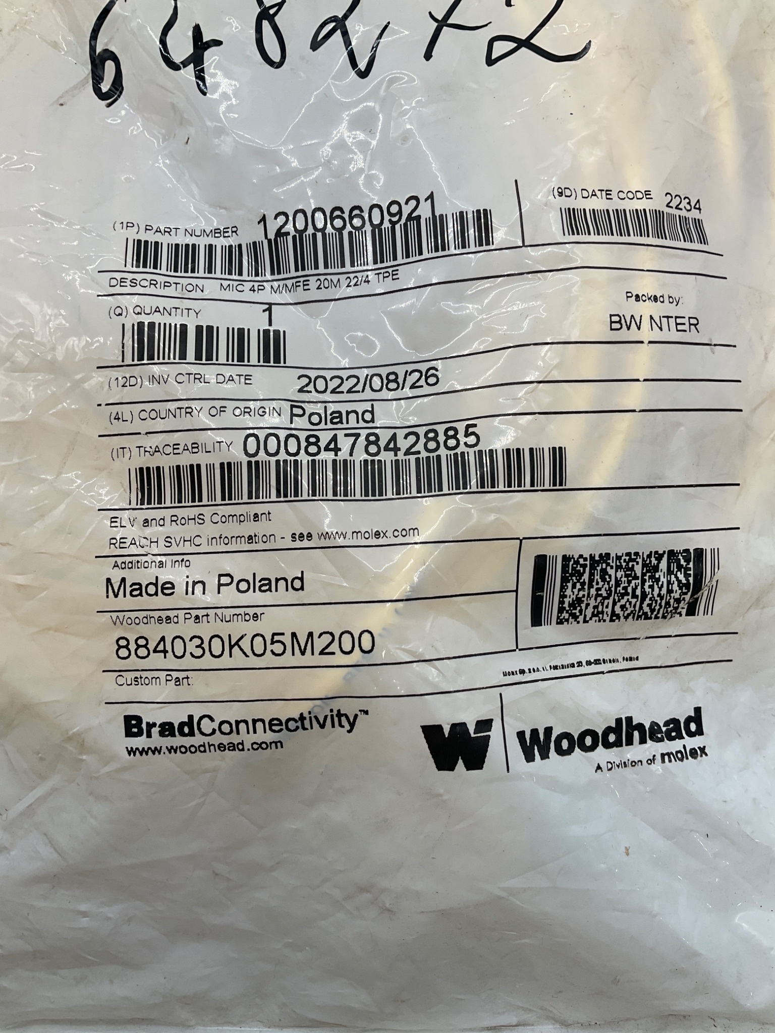 WOODHEAD 1200660921 4-Pin Micro-Change Cordset 20M NEW 1
