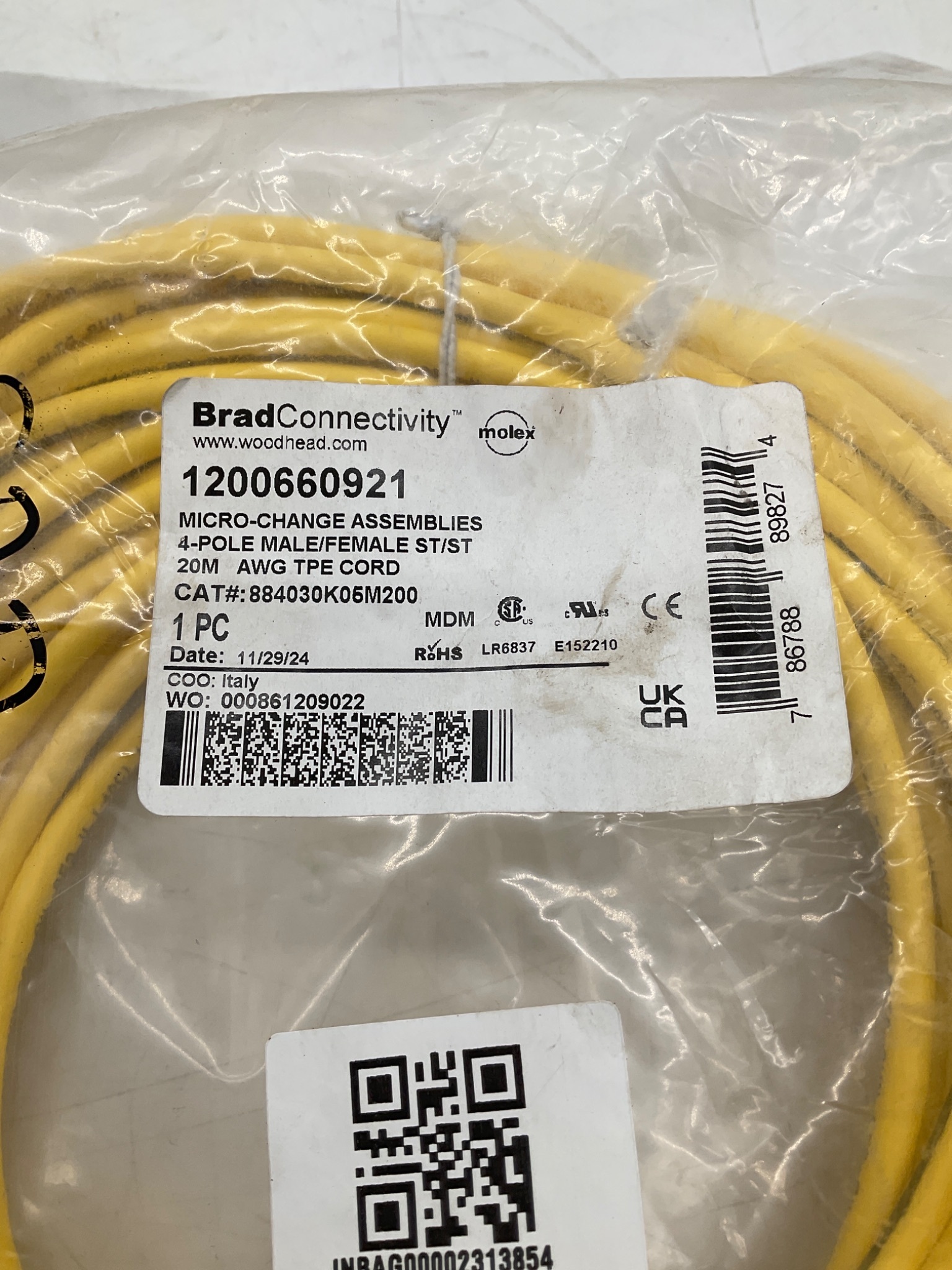 BRAD CONNECTIVITY 1200660921 4-Pole Male Female Micro-Change Cordset 20M NEW 1