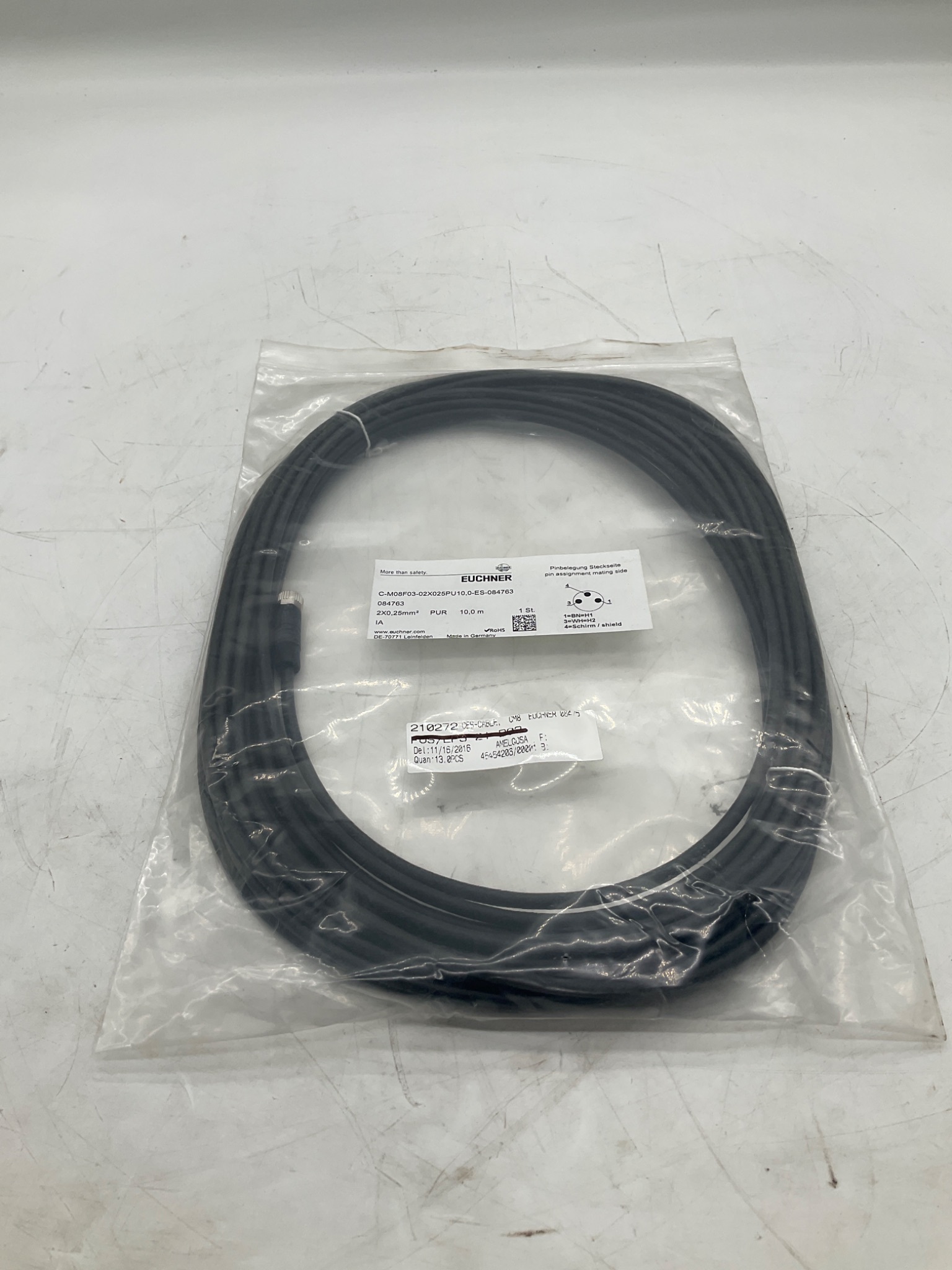 EUCHNER C-M08F03-02X025PU10,0-ES-084763 M8 Female Connection Cable 10M NEW 0