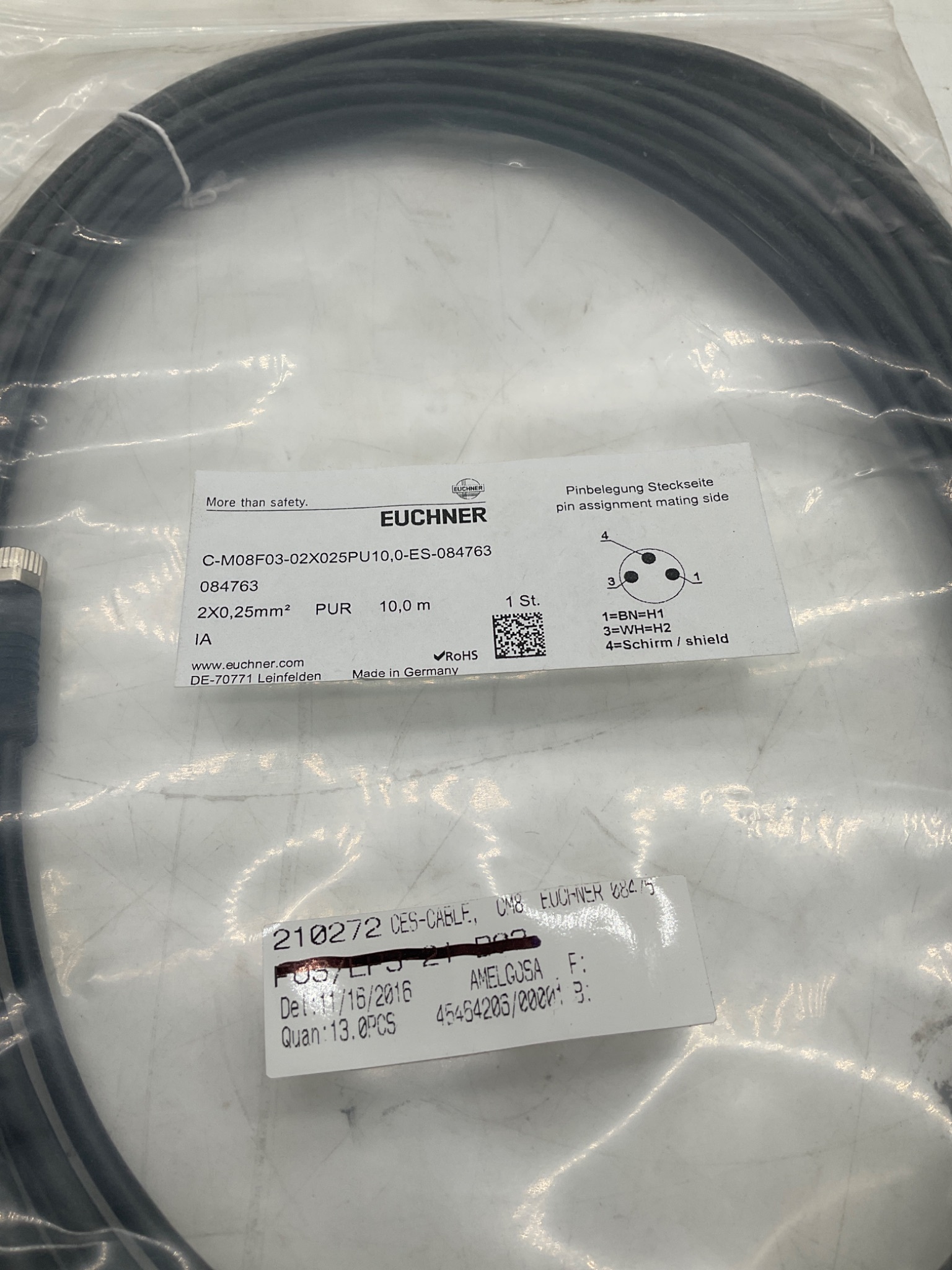 EUCHNER C-M08F03-02X025PU10,0-ES-084763 M8 Female Connection Cable 10M NEW 1