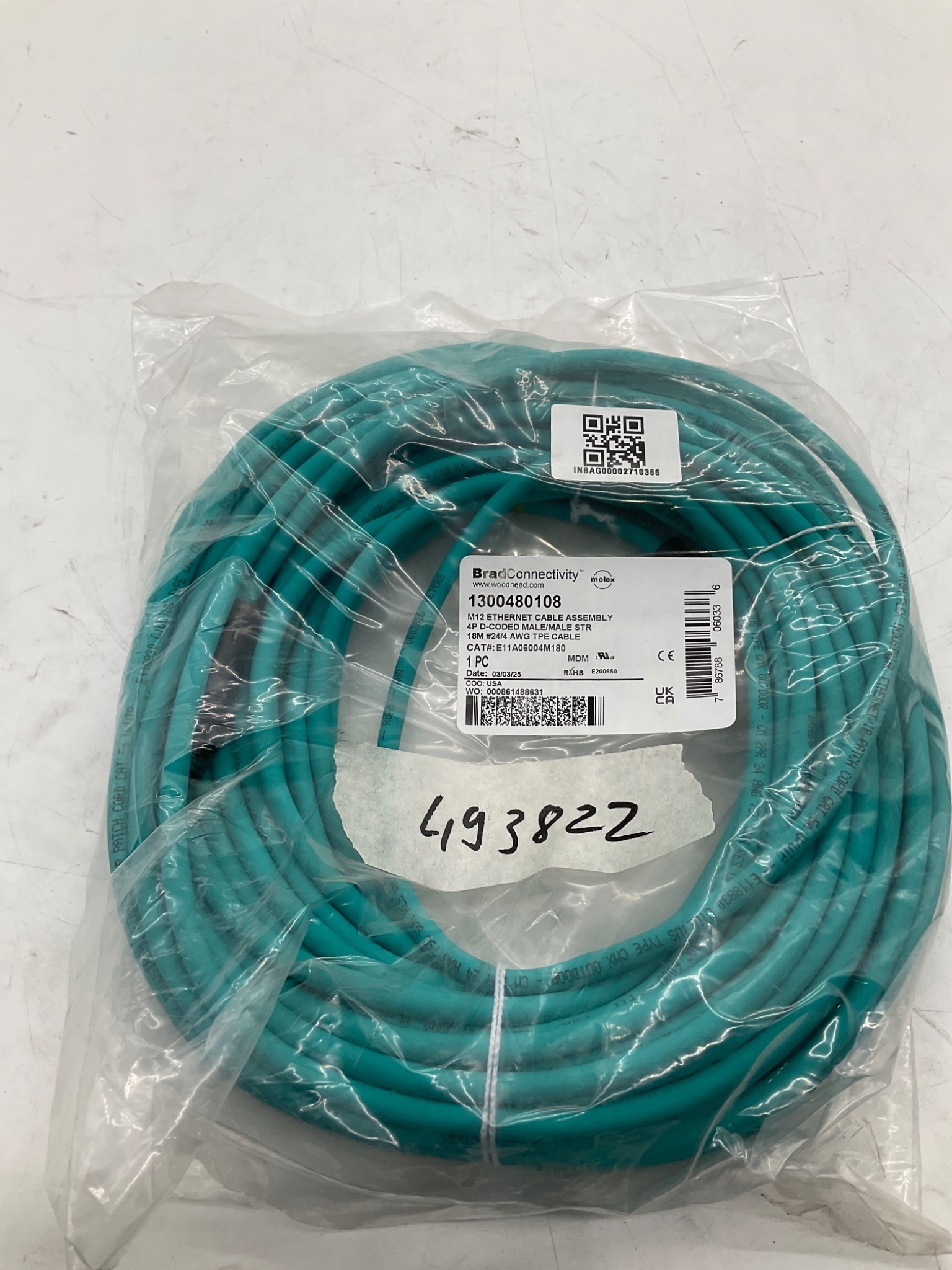 MOLEX 1300480108 M12 D-Coded Male to Male Ethernet Cordset 18M NEW 0