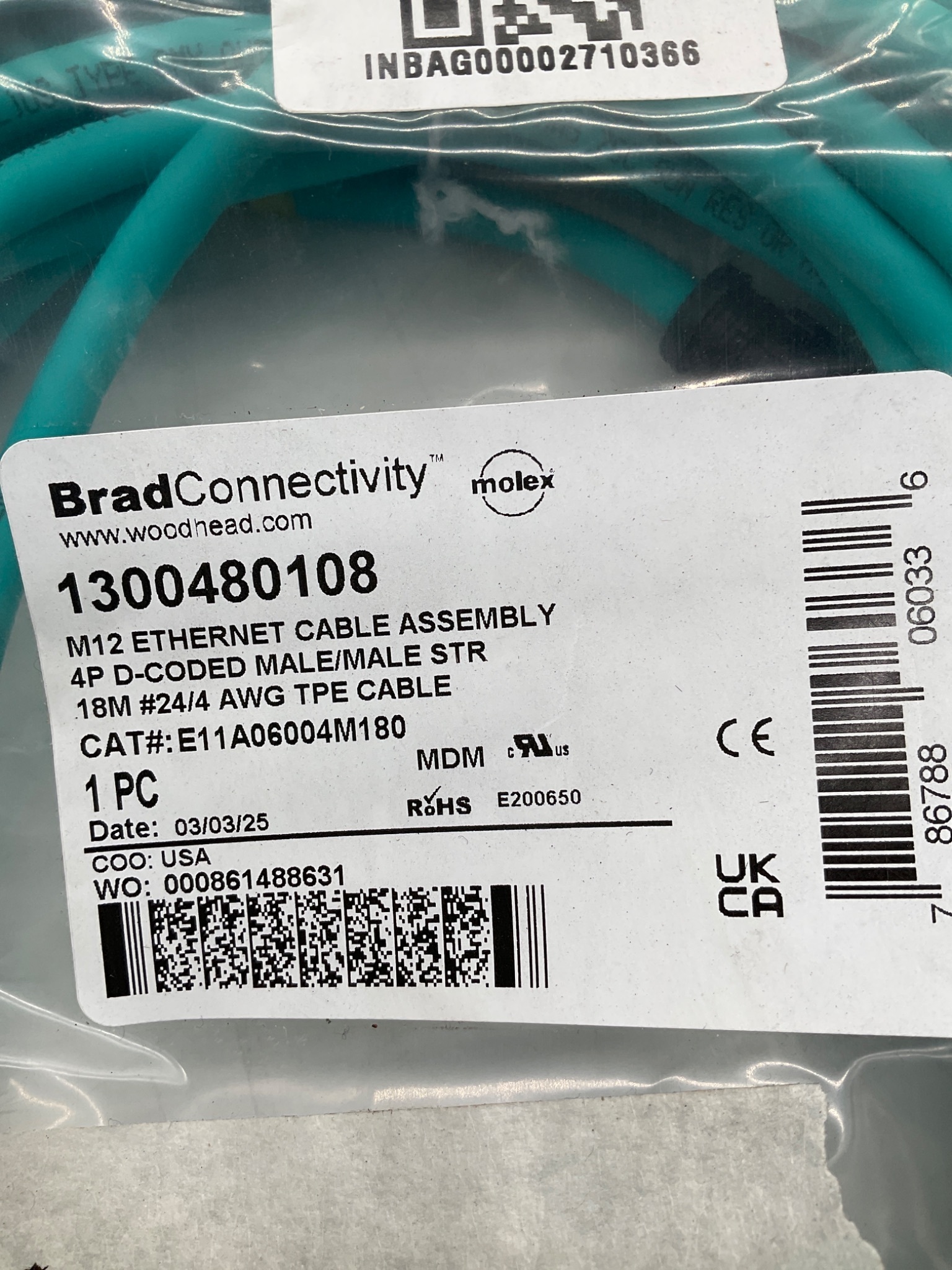 MOLEX 1300480108 M12 D-Coded Male to Male Ethernet Cordset 18M NEW 1