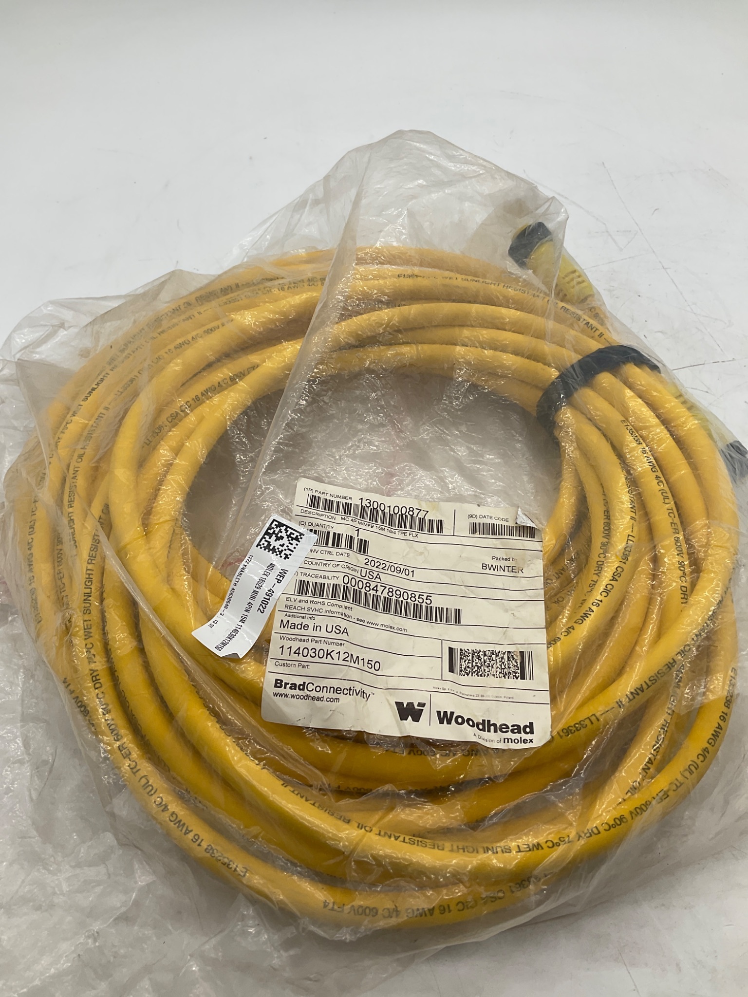WOODHEAD 1300100877 / 114030K12M150 4-Pole Male Female Micro-Change Cordset 15M NEW 0
