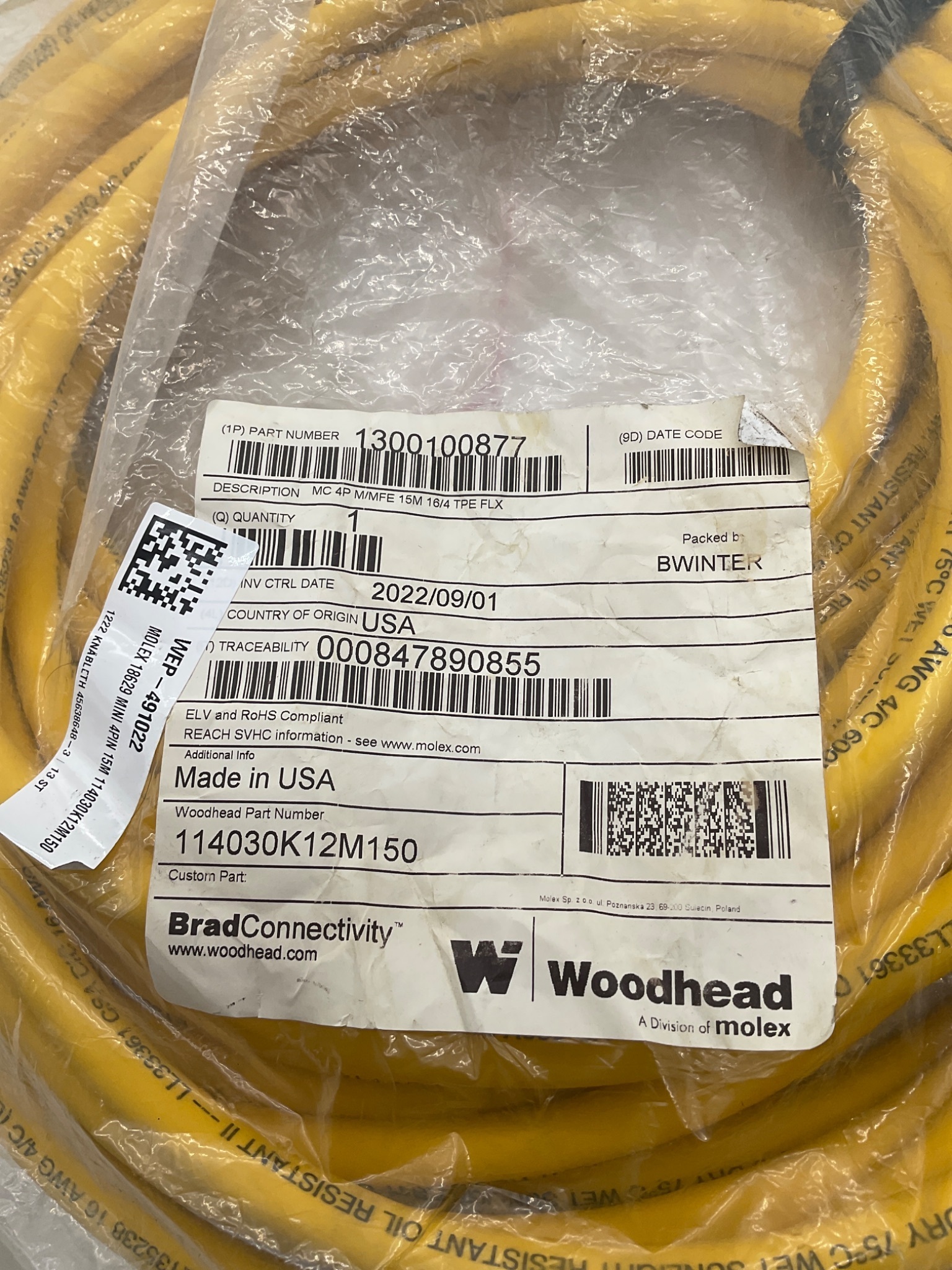 WOODHEAD 1300100877 / 114030K12M150 4-Pole Male Female Micro-Change Cordset 15M NEW 1