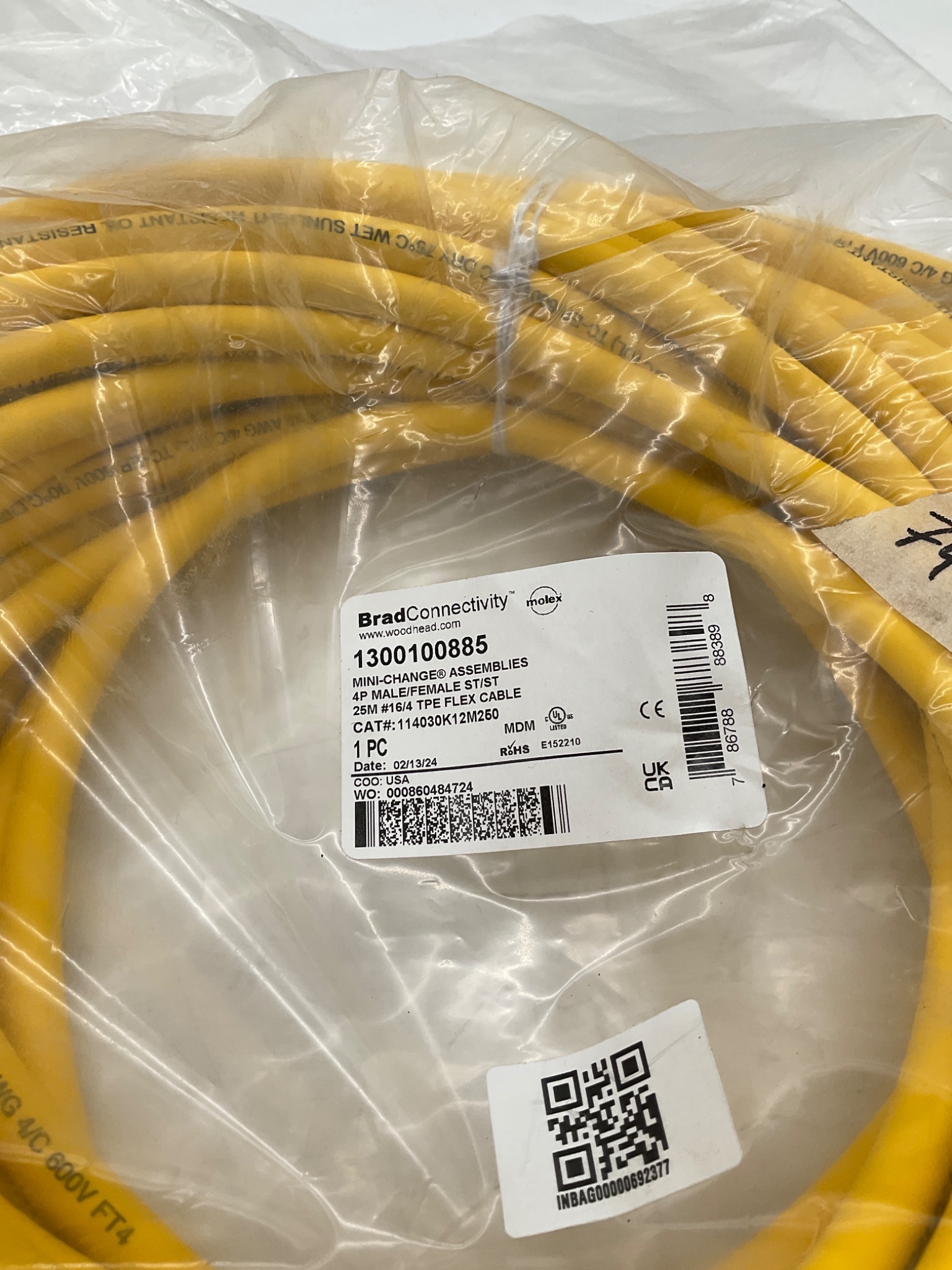 BRAD CONNECTIVITY 1300100885 / 114030K12M250 4-Pole Male Female Mini-Change Cordset 25M NEW 1