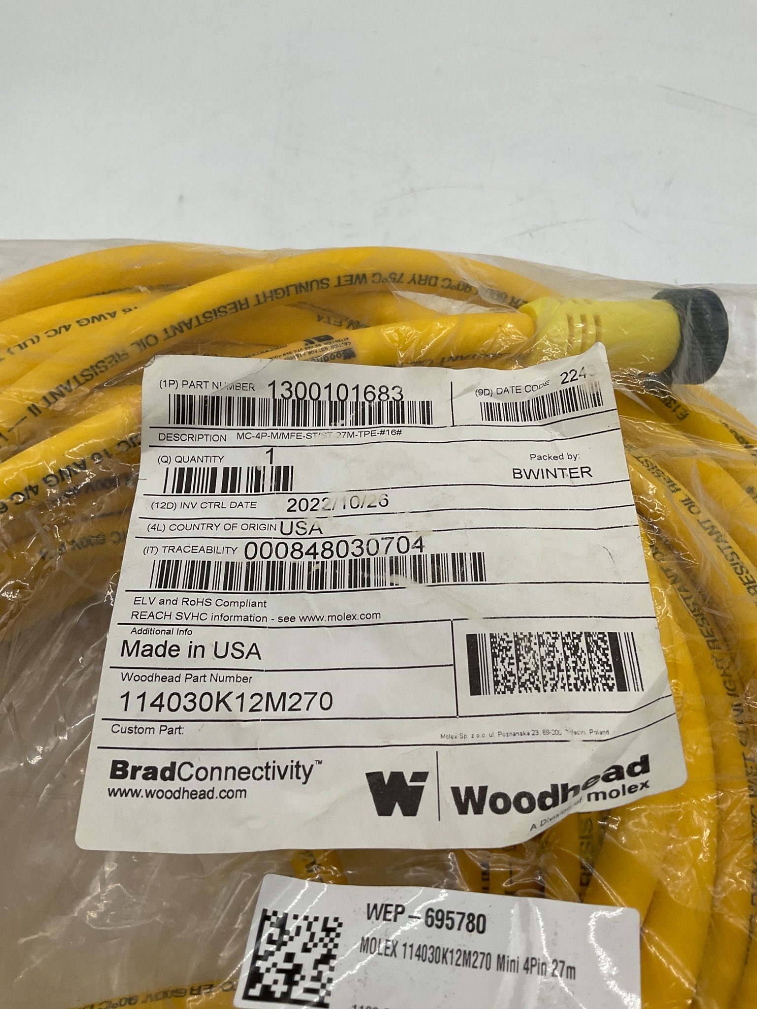 WOODHEAD 1300101683 4-Pole Male Female Mini-Change Cordset 27M NEW 1