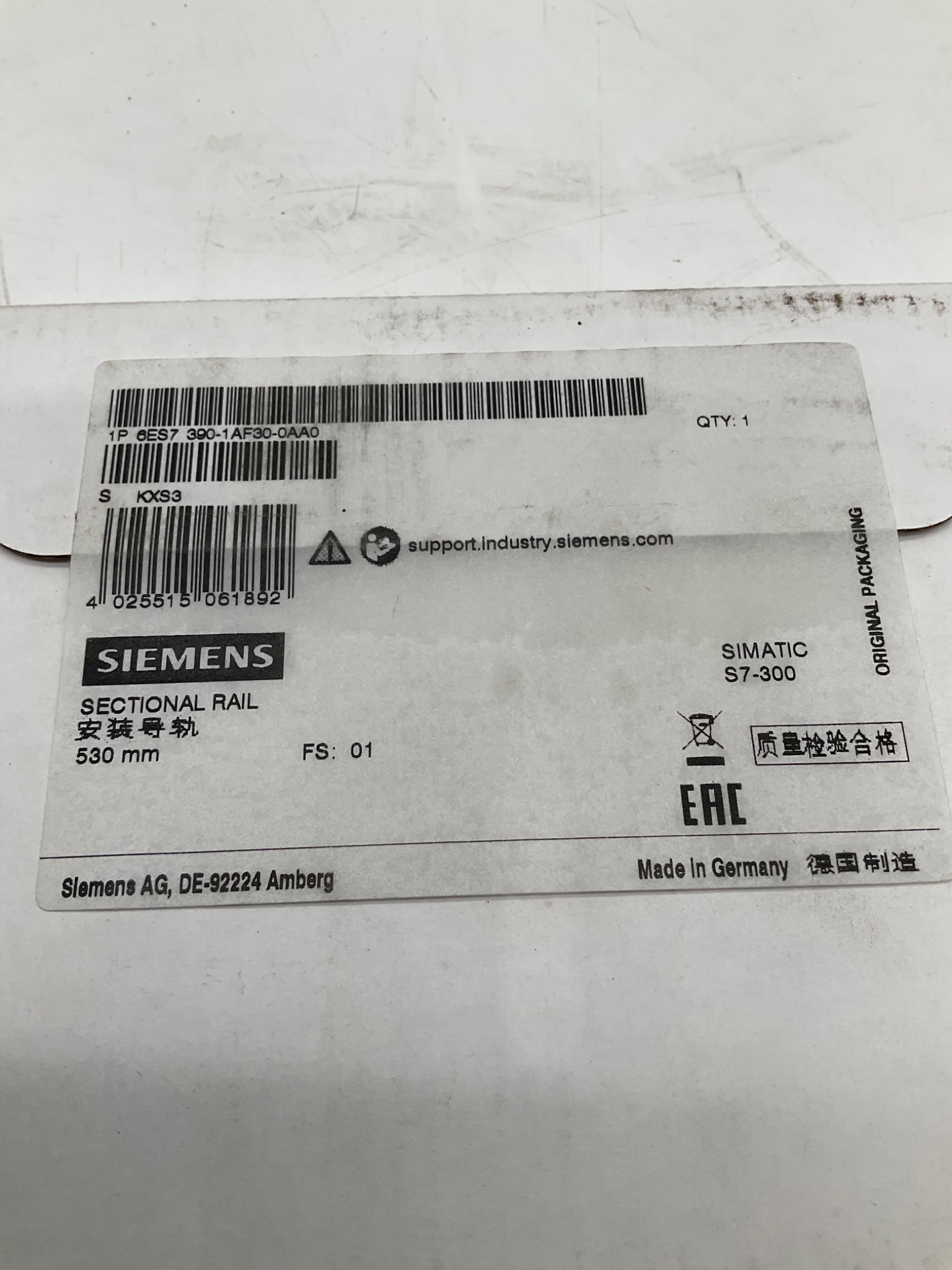 SIEMENS 6ES7 390-1AF30-0AA0 Sectional Rail 530mm NEW 2