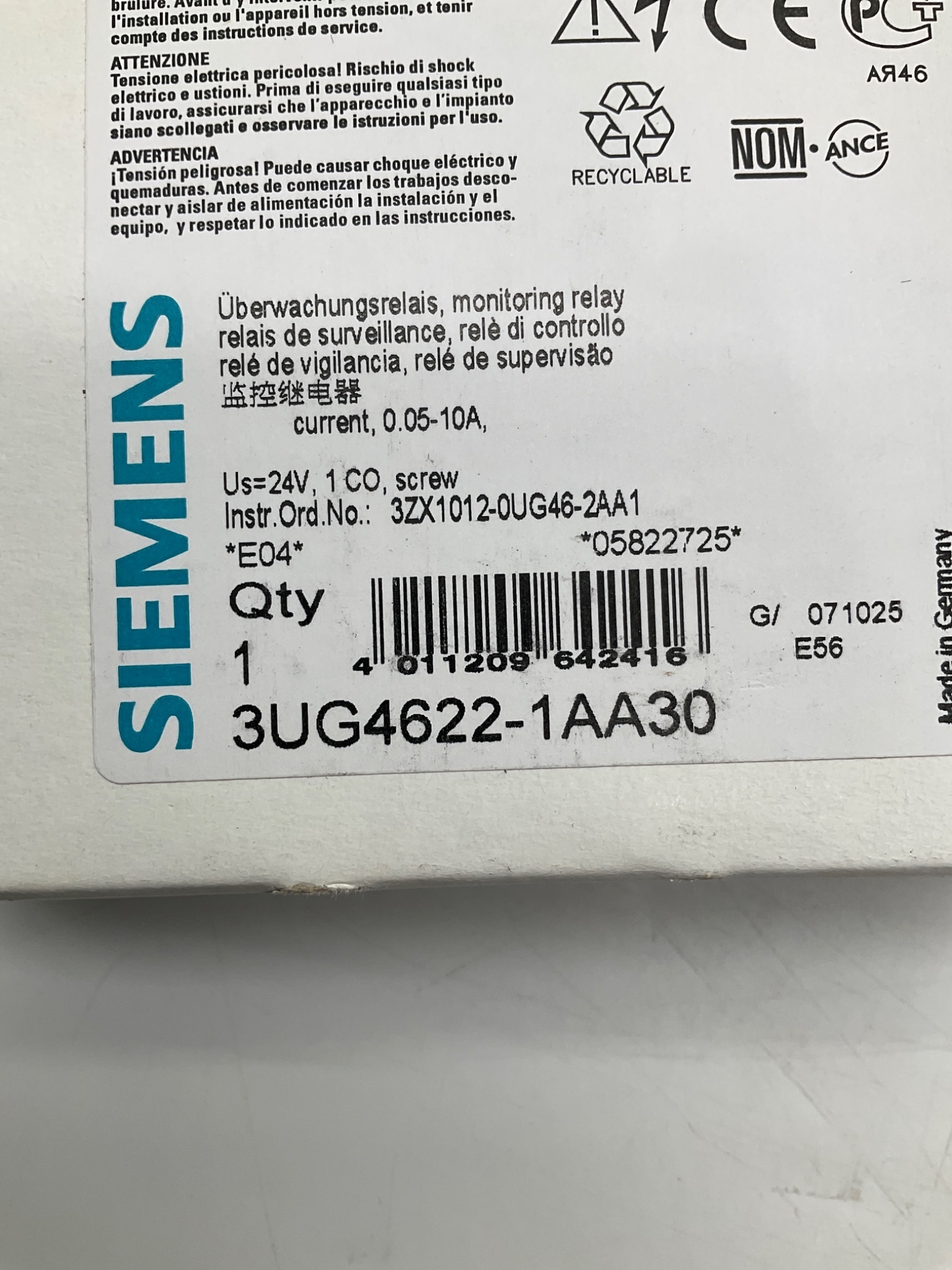 SIEMENS 3UG4622-1AA30 Current Monitoring Relay 0.05-10A 24VDC NEW 1