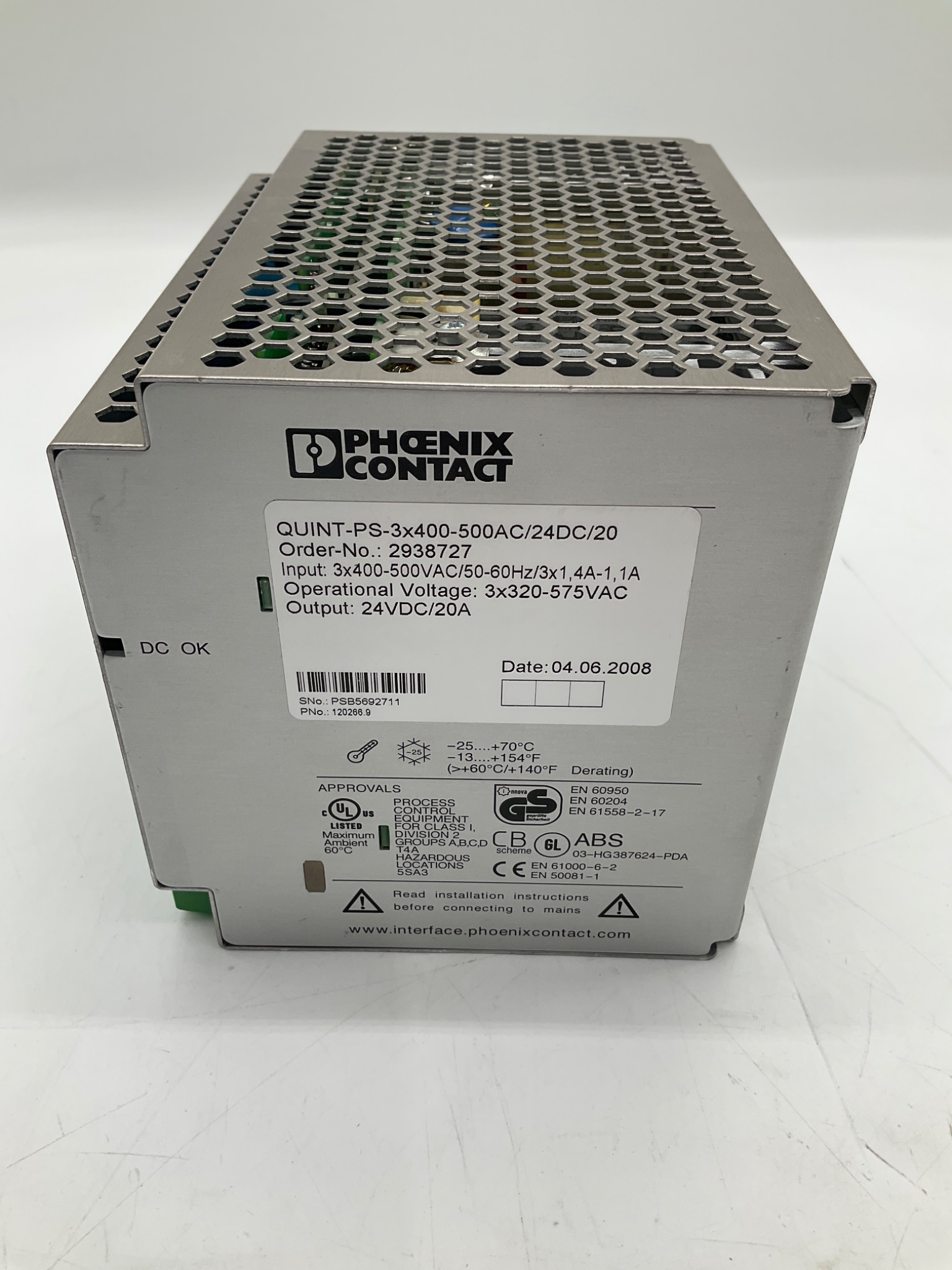 PHOENIX CONTACT QUINT-PS-3X400-500AC/24DC/20 / 120266.9 Power Supply 24VDC 20A USED 2