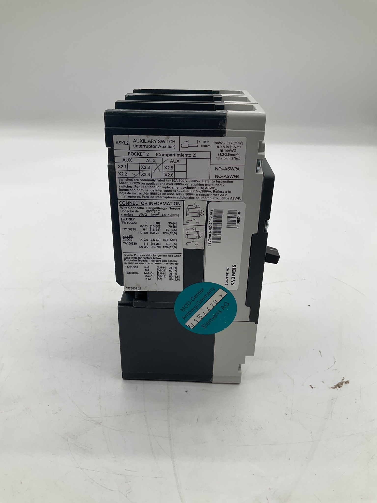 SIEMENS 3VL2515-3RR30-0AA0 HDGB Molded Case Circuit Breaker 50A 3 Pole USED 2