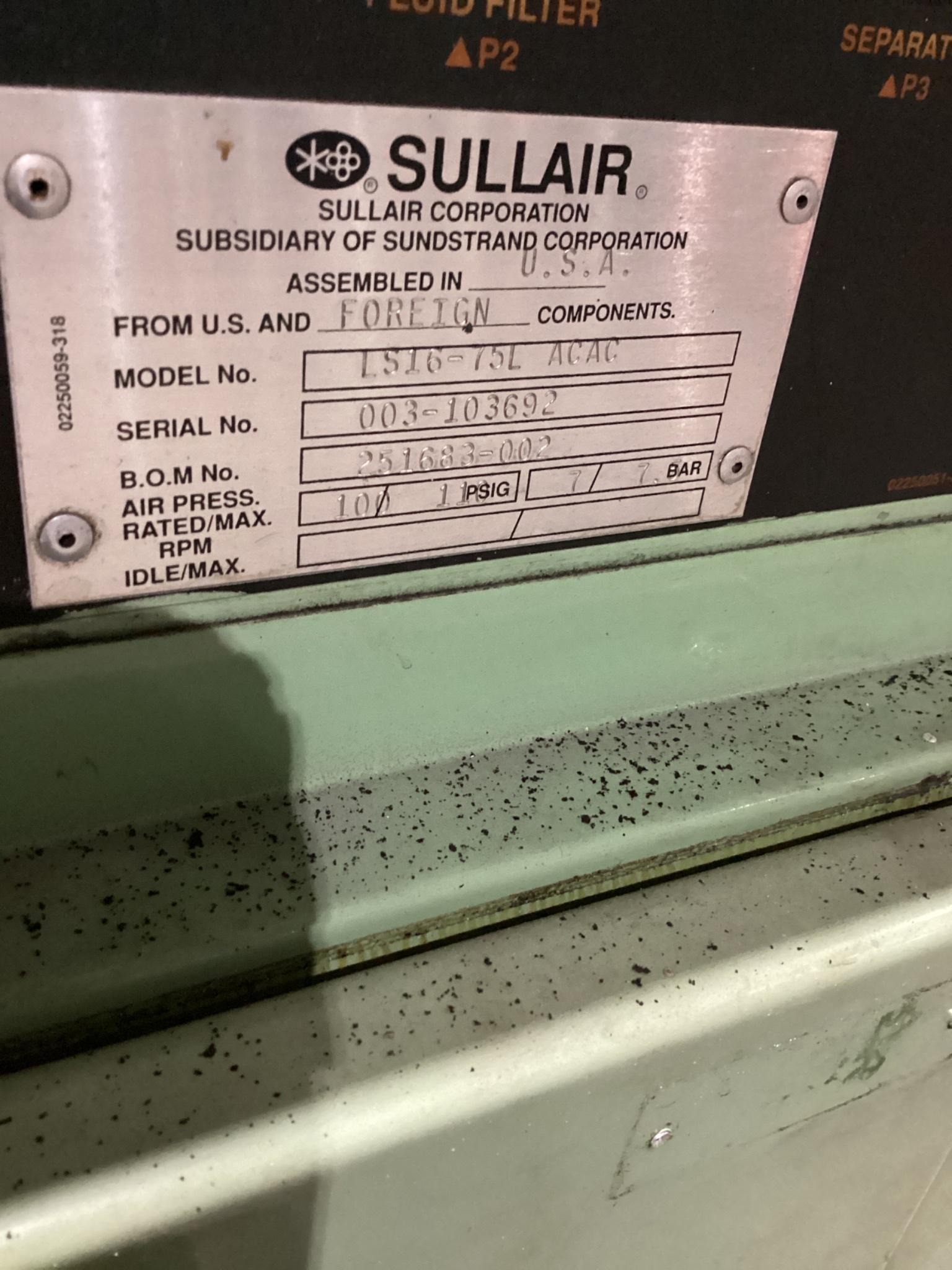 SULLAIR LS16-75LACAC Rotary Screw Air Compressor 100 PSIG USED 1