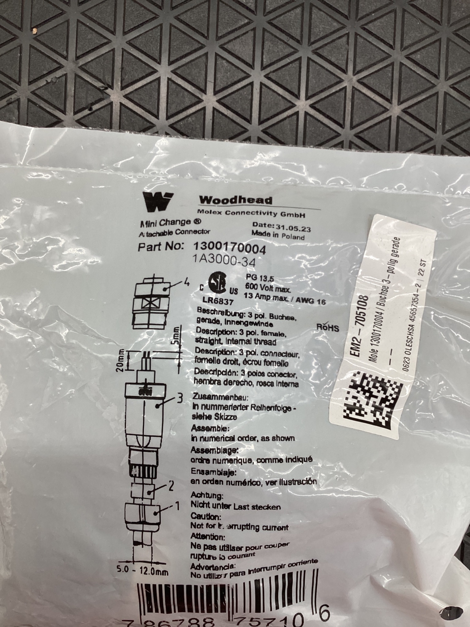 WOODHEAD 1300170004 Mini-Change 3-Pole Female Straight Connector NEW 1