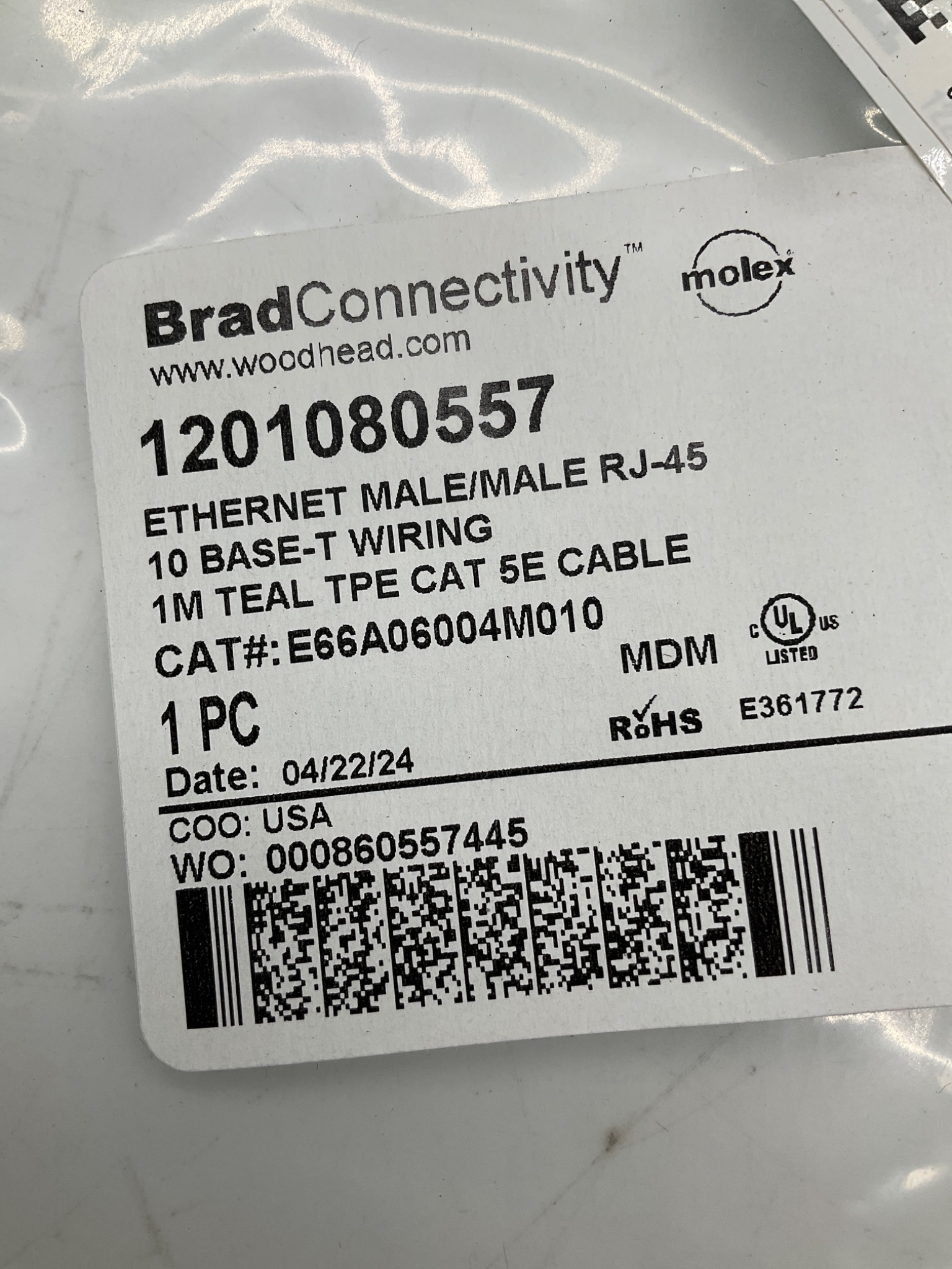 MOLEX 1201080557 RJ45 Ethernet Patch Cable 1M CAT5E NEW 1