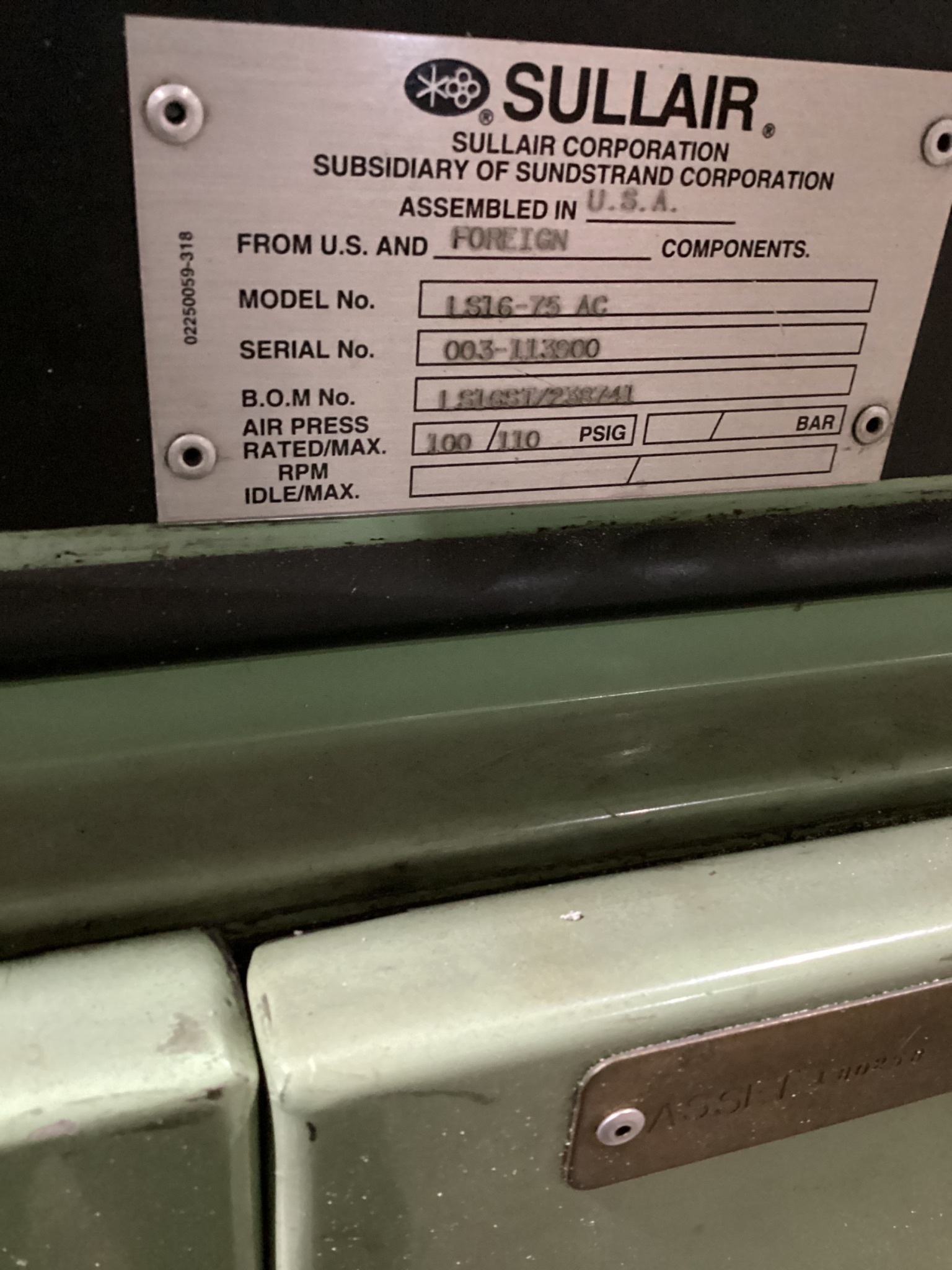 SULLAIR LS16-75AC Rotary Screw Air Compressor USED 7