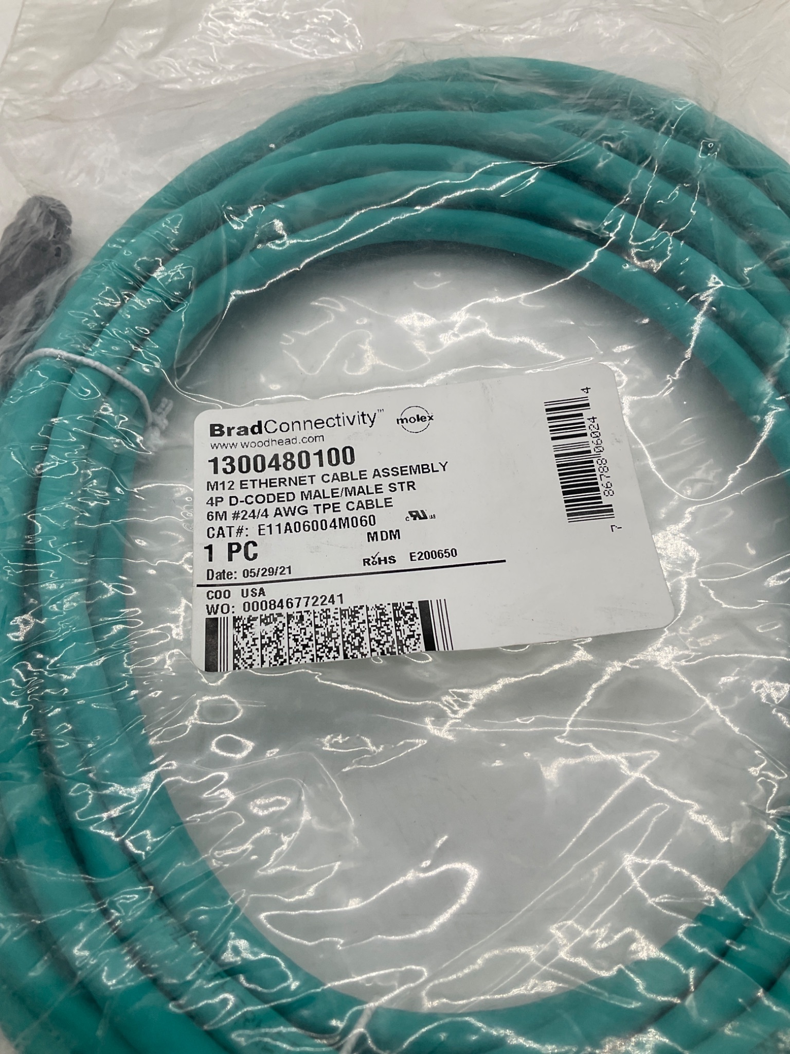 MOLEX 1300480100 M12 D-Coded Ethernet Cable 6M NEW 0