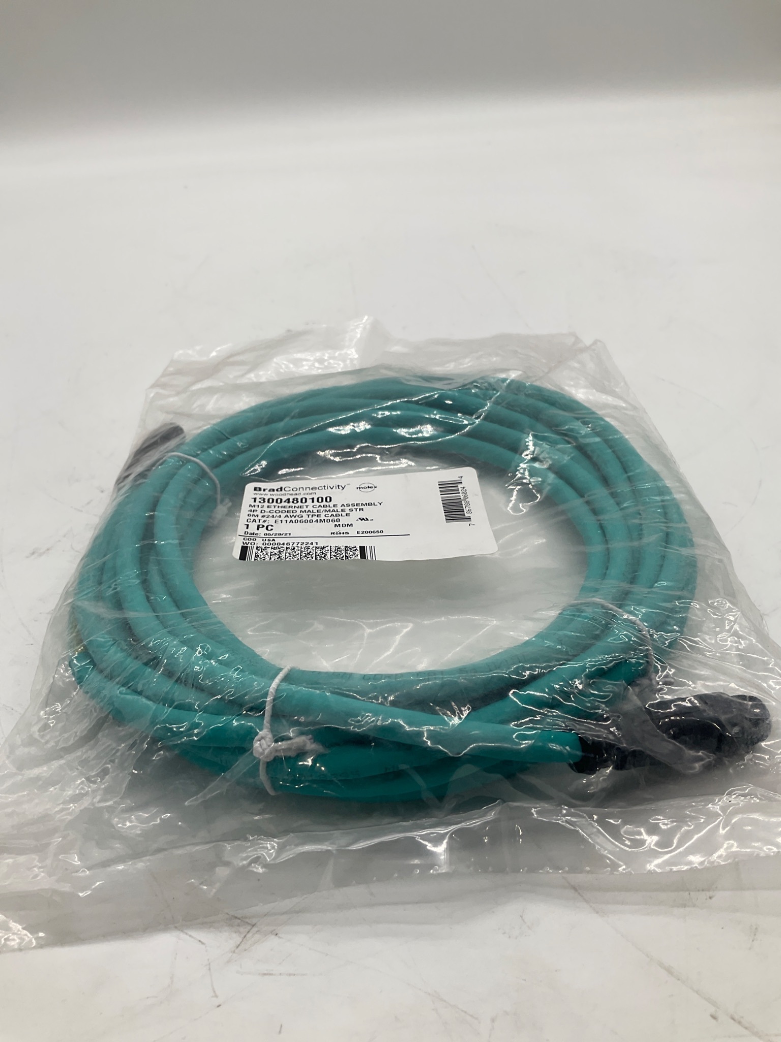 MOLEX 1300480100 M12 D-Coded Ethernet Cable 6M NEW 3