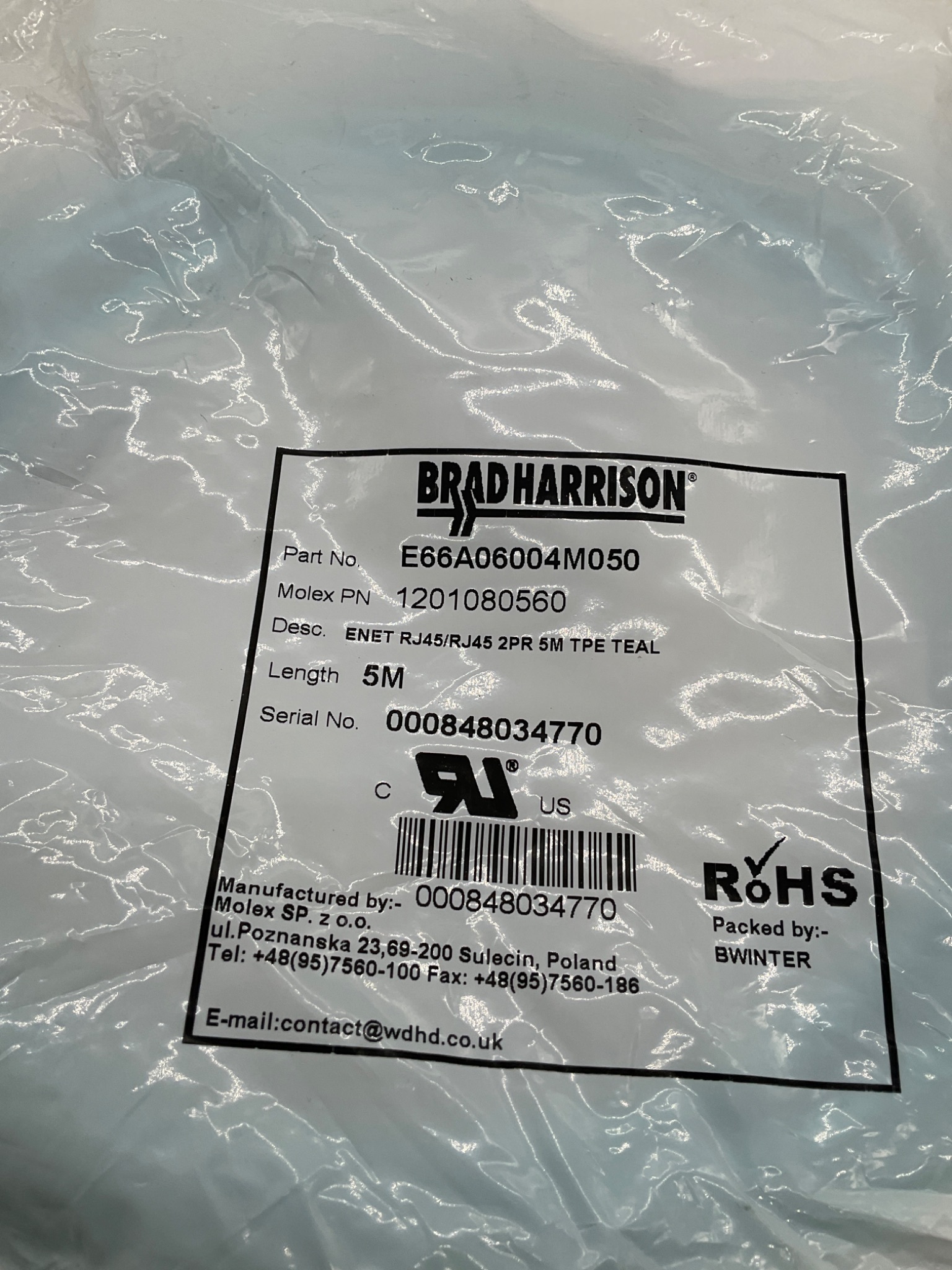 BRAD HARRISON E66A06004M050 RJ45 Ethernet Cable 5M (Lot Of 7) NEW 0