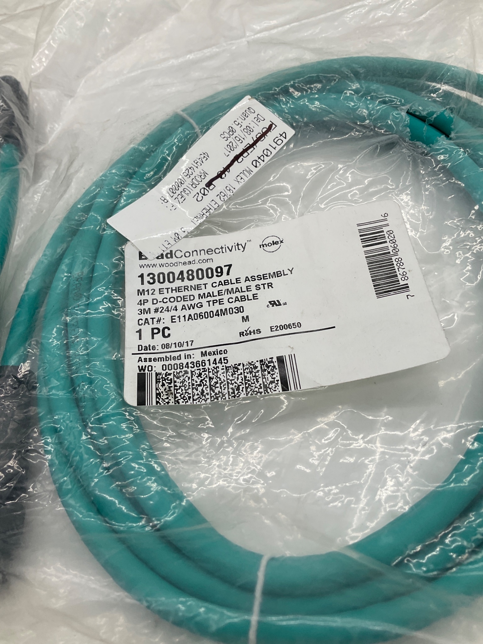 MOLEX 1300480097 M12 D-Coded Ethernet Cable 3M (Set of 2) NEW 1