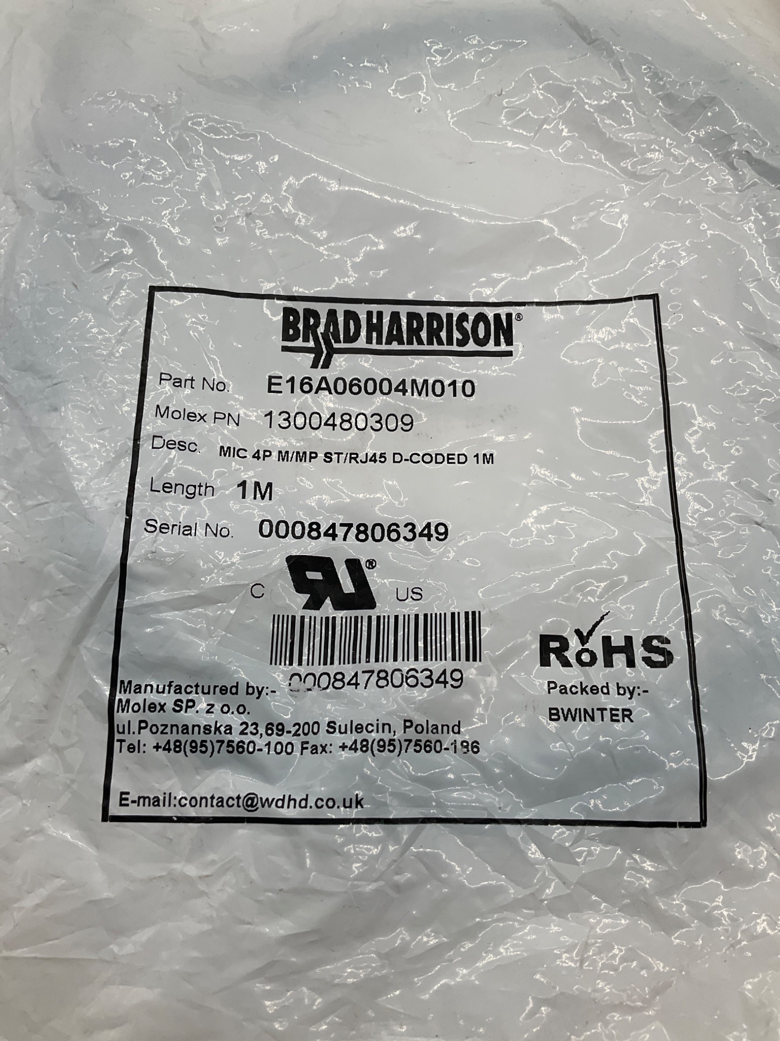 BRAD HARRISON E16A06004M010 M12 To RJ45 Ethernet Cordset 1M (Lot Of 4) NEW 1