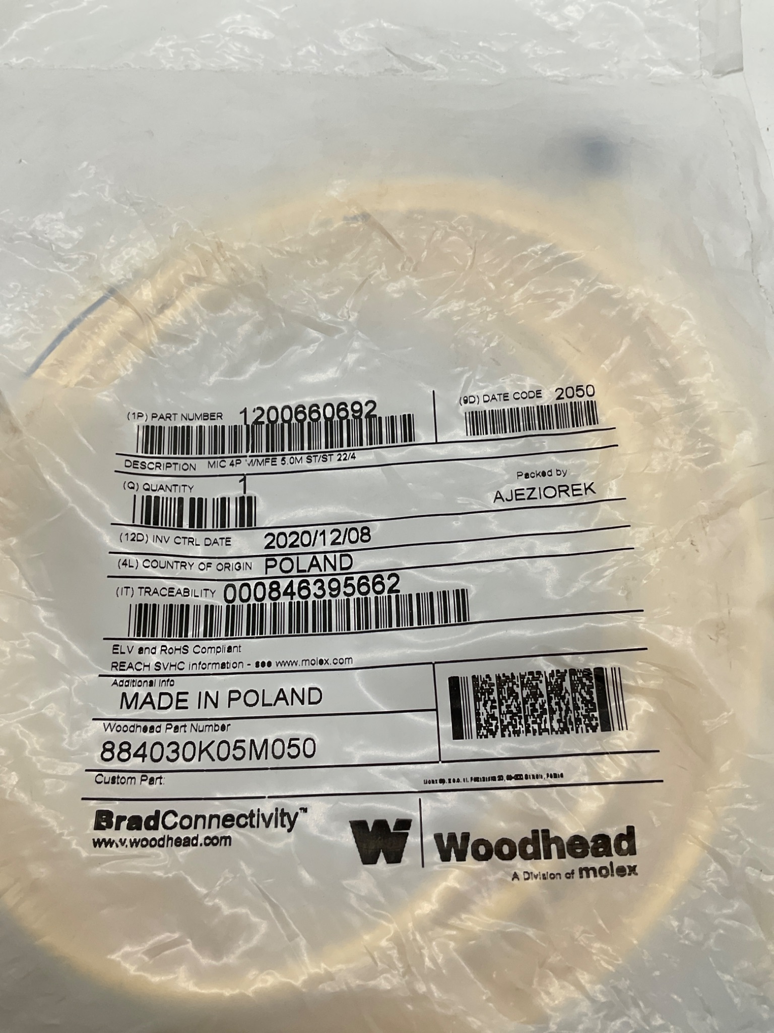 WOODHEAD 1200660692 Micro-Change M12 4-Pole Cordset 5M NEW 1