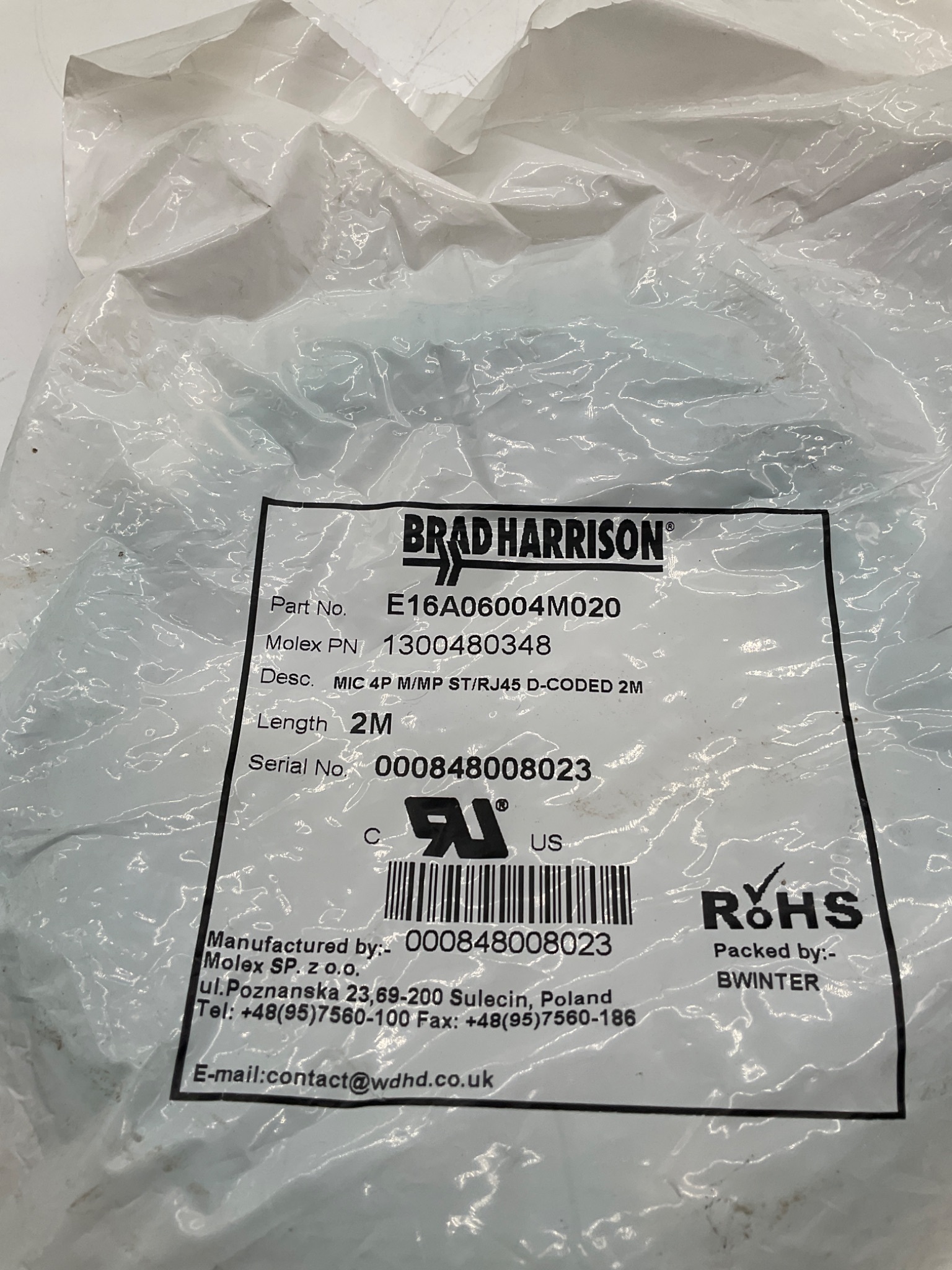 BRAD HARRISON E16A06004M020 M12 To RJ45 D-Coded Ethernet Cordset 2M NEW 2