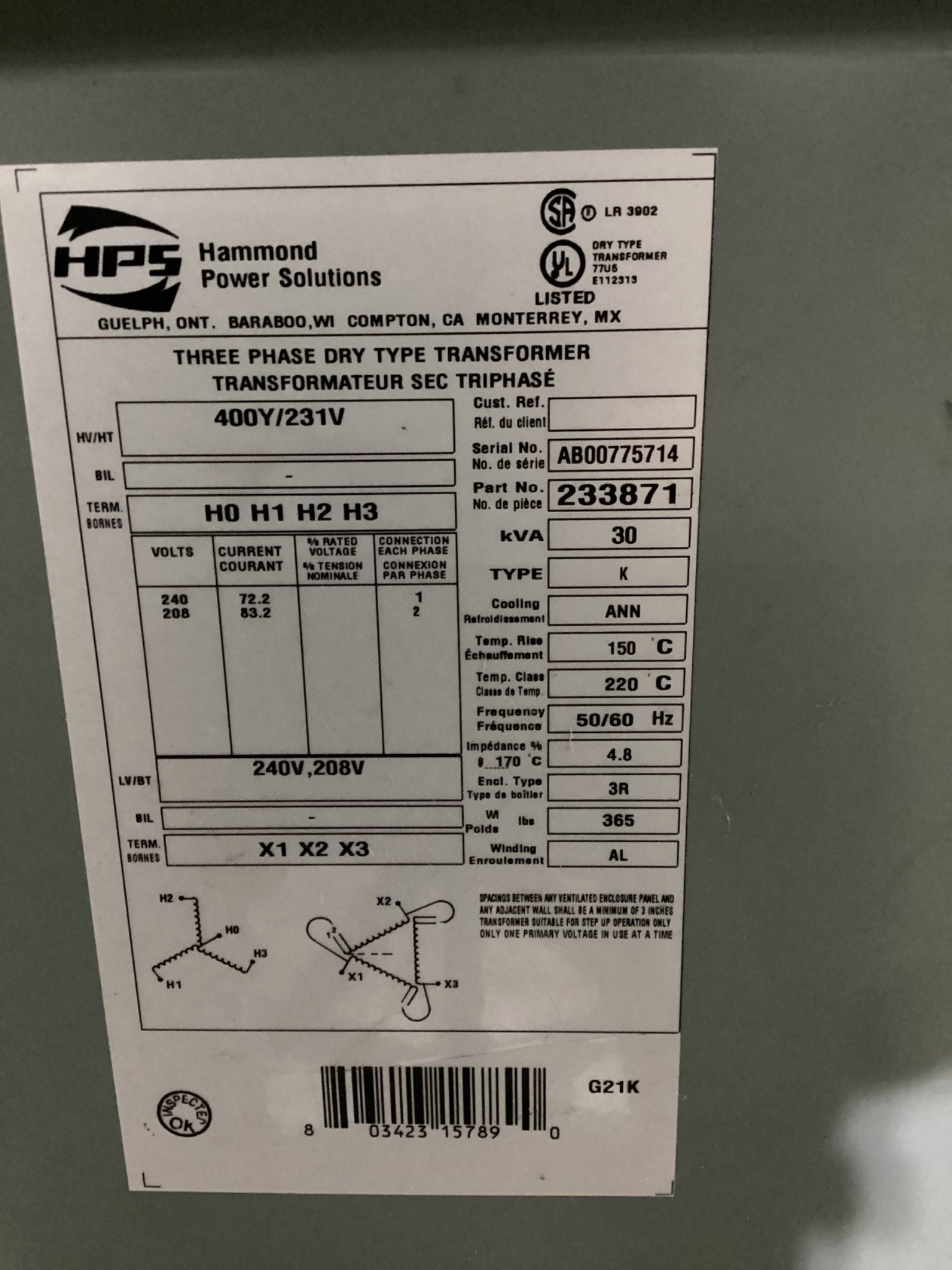 HPS 233871 30 kVA Three Phase Dry Type Transformer USED 4
