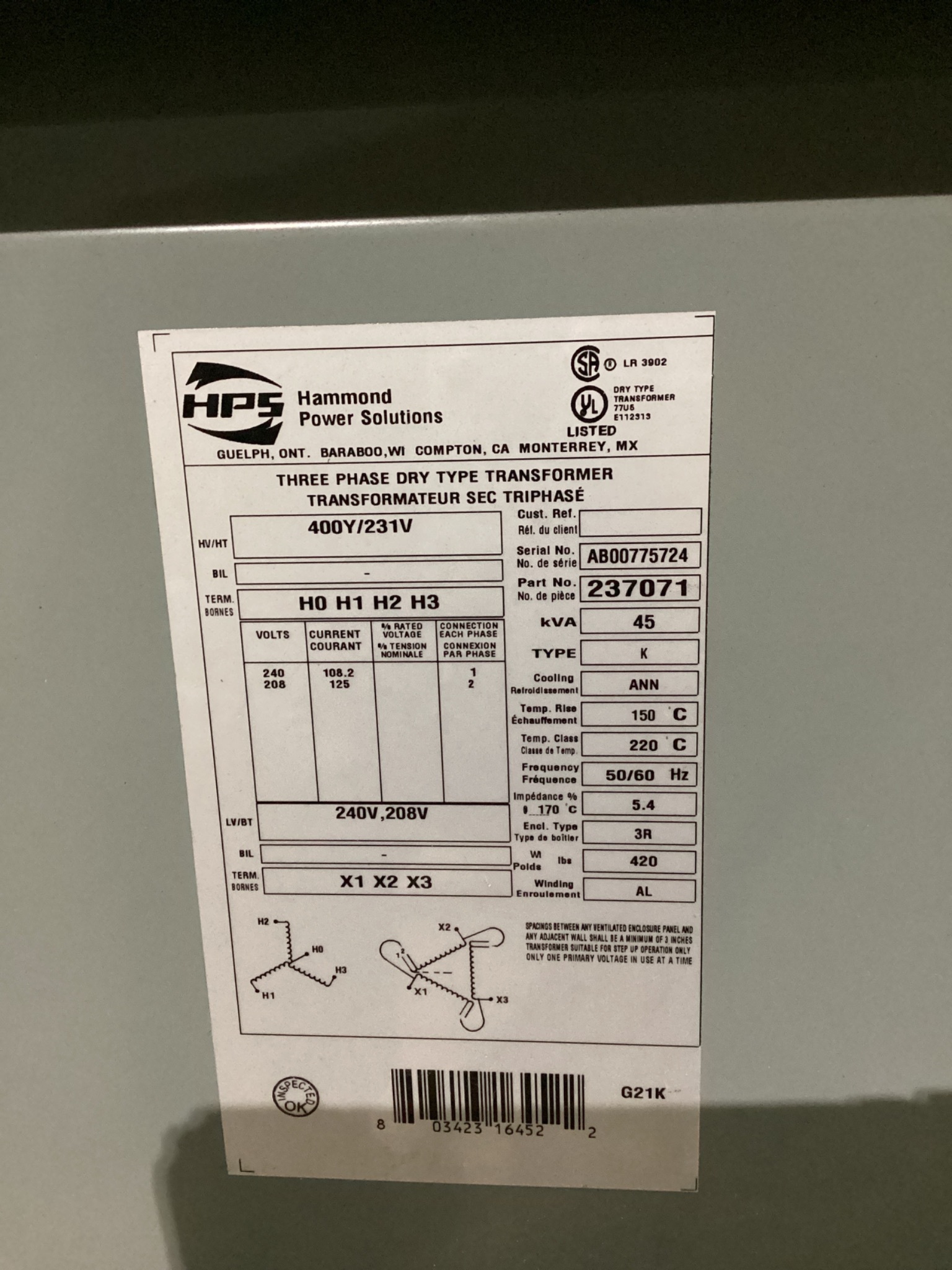 HPS 237071 45 kVA Three Phase Dry Type Transformer USED 1